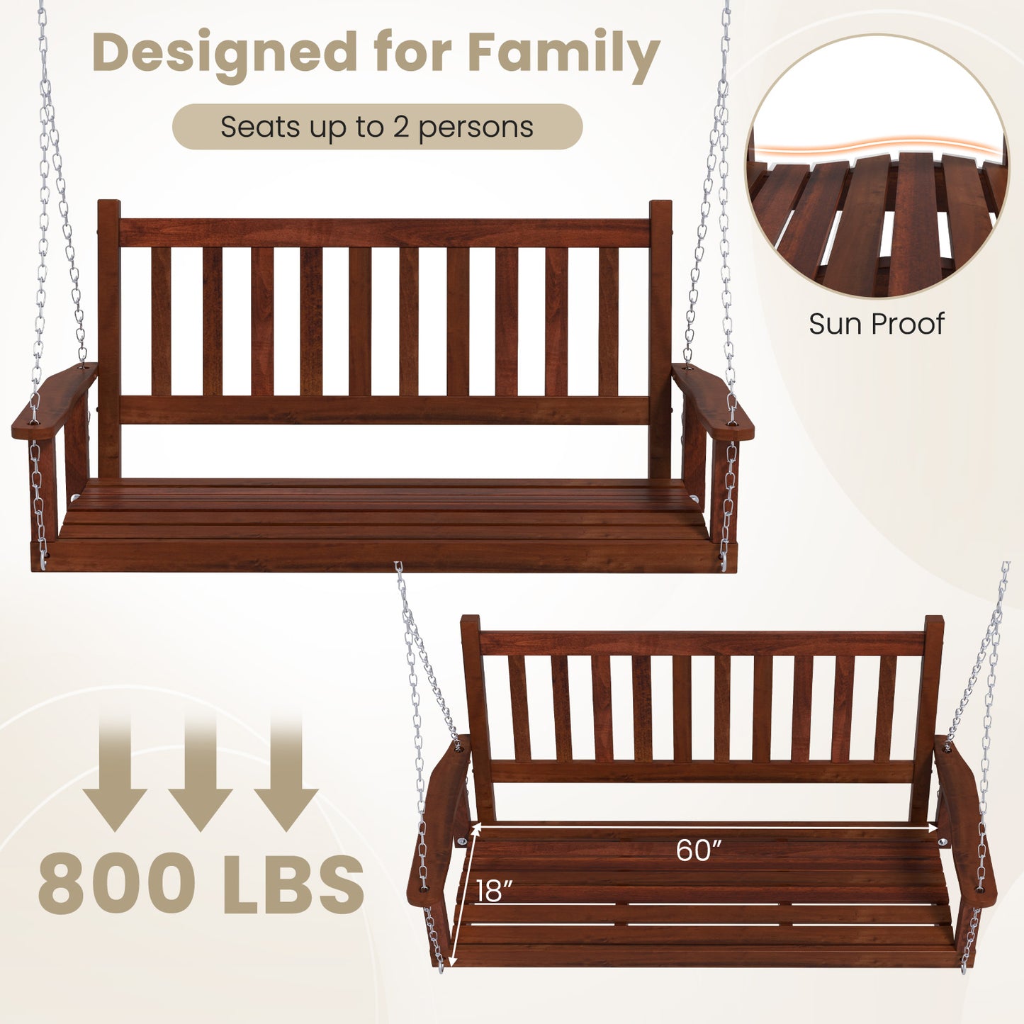Special - No TAX,  3-Person Wooden Outdoor Porch Swing-Brown (1 Box, Unassembled)
