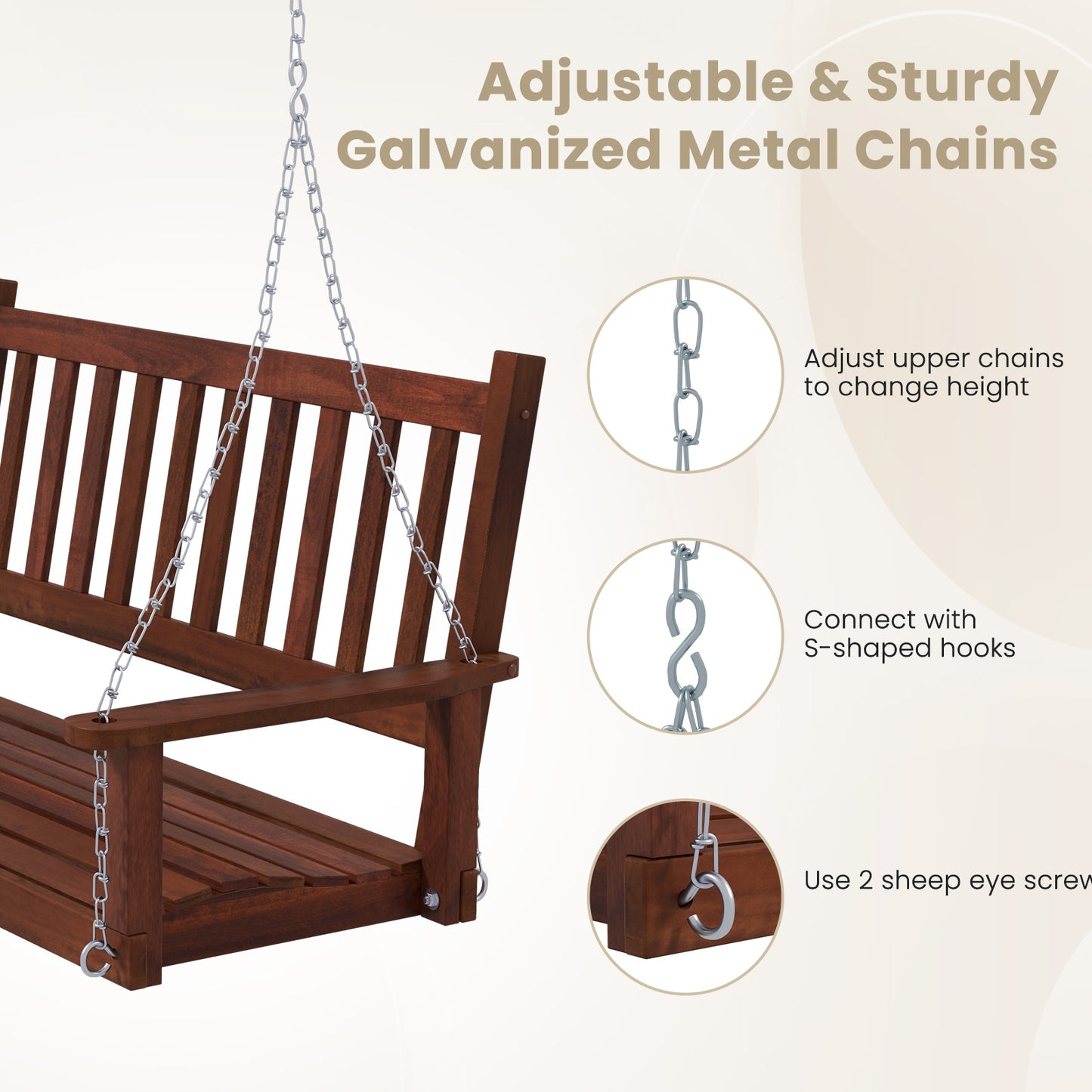 Special - No TAX,  3-Person Wooden Outdoor Porch Swing-Brown (1 Box, Unassembled)