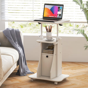 Adjustable Mobile Standing Desk Cart with Tilt Desktop and Cabinet-White (Scratch and Dent)