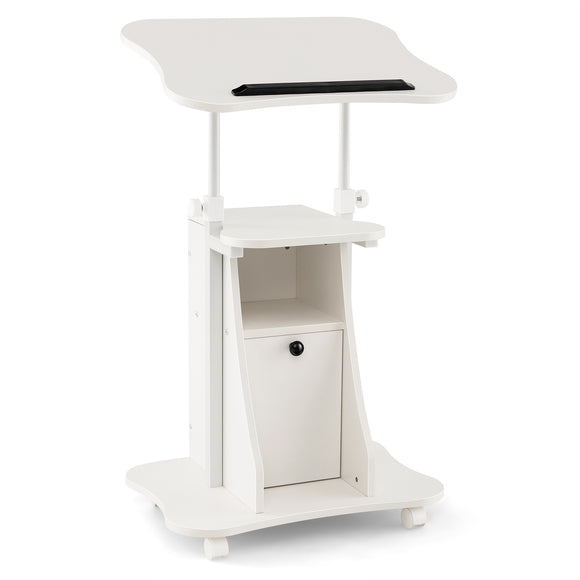 Adjustable Mobile Standing Desk Cart with Tilt Desktop and Cabinet-White*fully assembled*