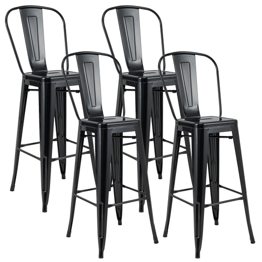 30" Height Set of 4 High Back Metal Industrial Bar Stools-Black