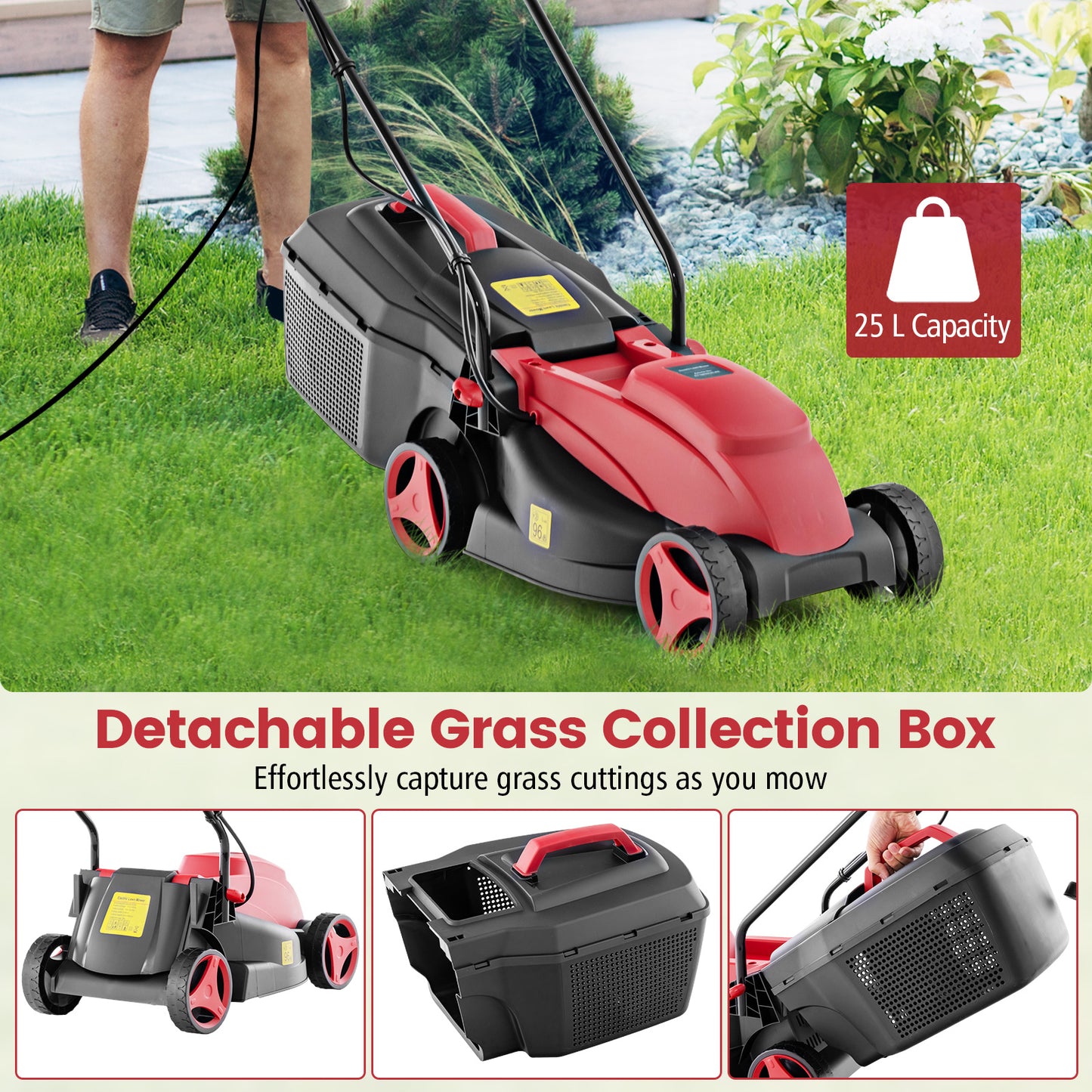 *SPECIAL* - 12-AMP 13.5 Inch Adjustable Electric Corded Lawn Mower with Collection Box-Red