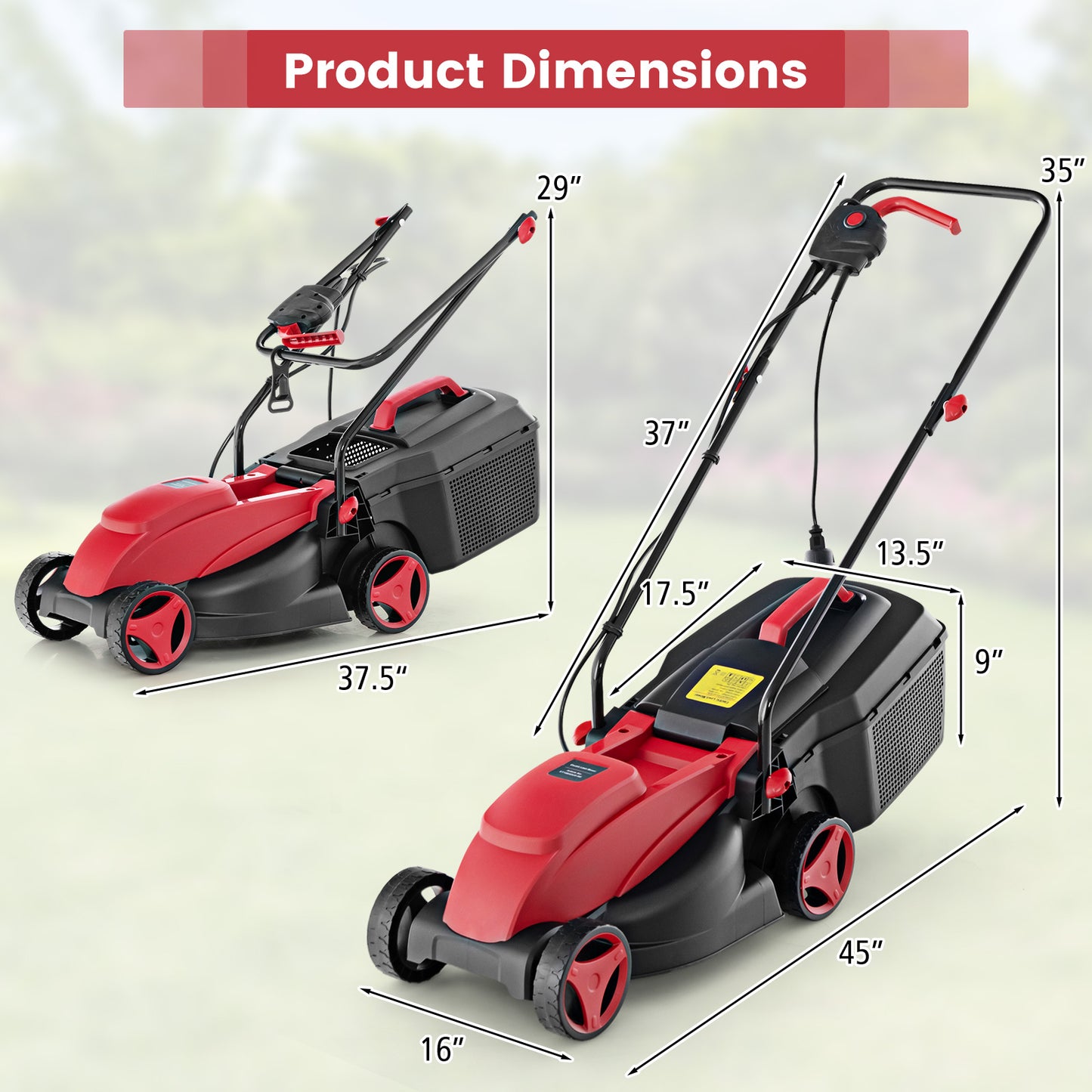 *SPECIAL* - 12-AMP 13.5 Inch Adjustable Electric Corded Lawn Mower with Collection Box-Red