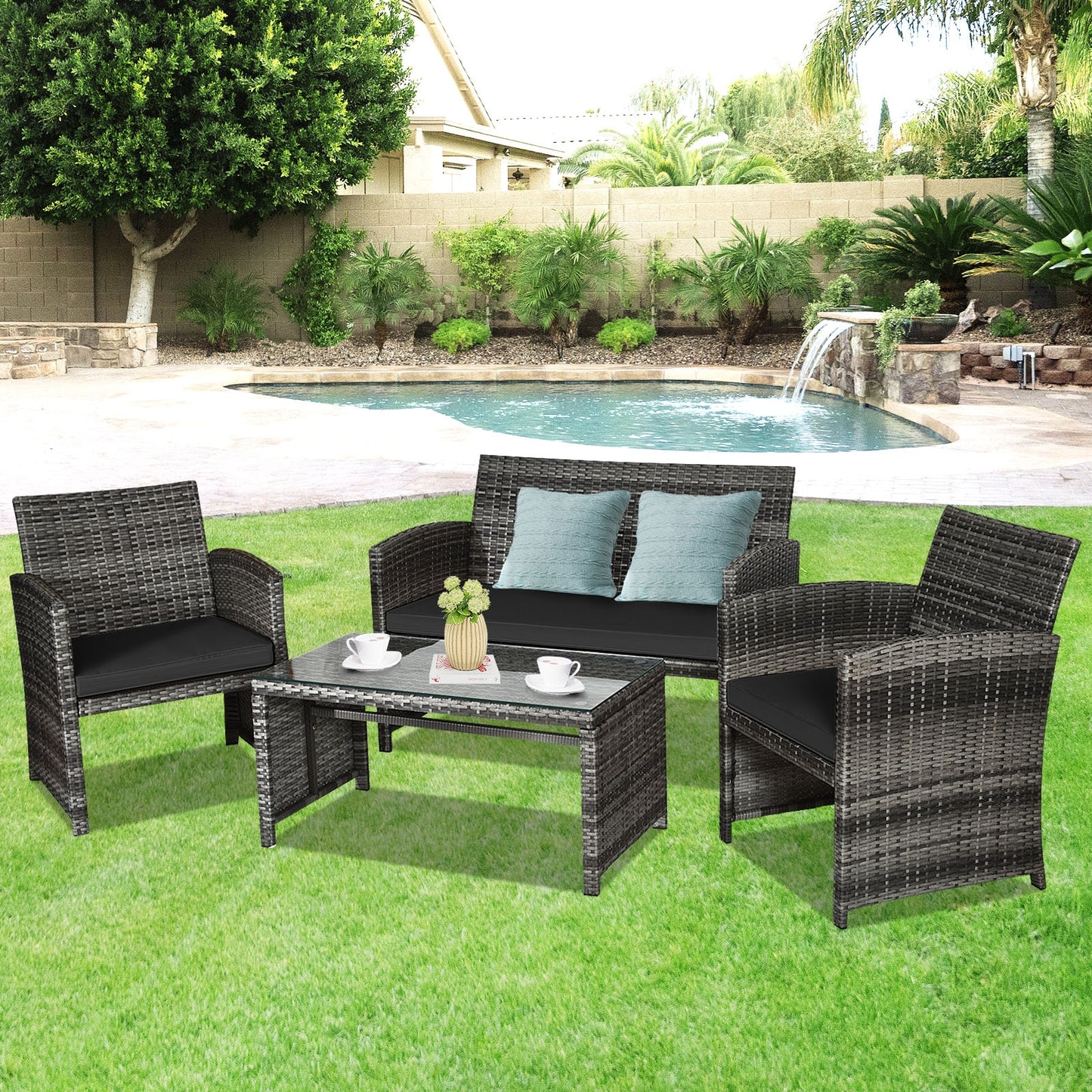 4 Pieces Patio Rattan Furniture Set with Glass Table and Loveseat-Black (Fully Assembled)