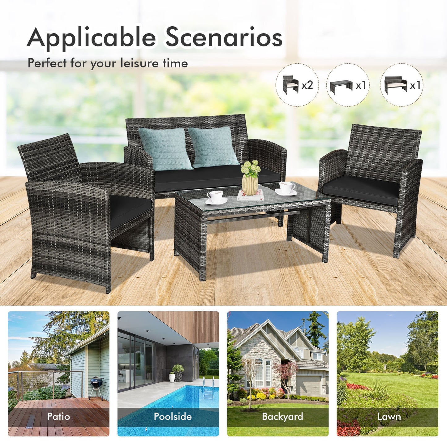 4 Pieces Patio Rattan Furniture Set with Glass Table and Loveseat-Black (Fully Assembled)