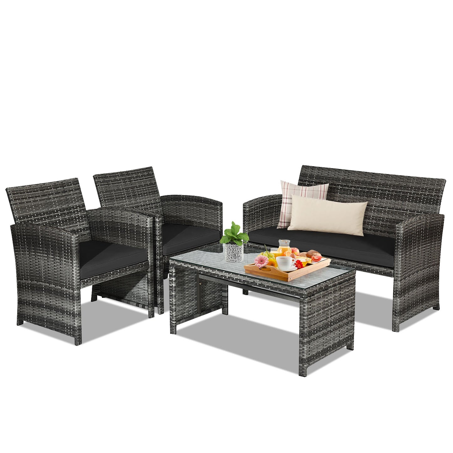 4 Pieces Patio Rattan Furniture Set with Glass Table and Loveseat-Black (Fully Assembled)