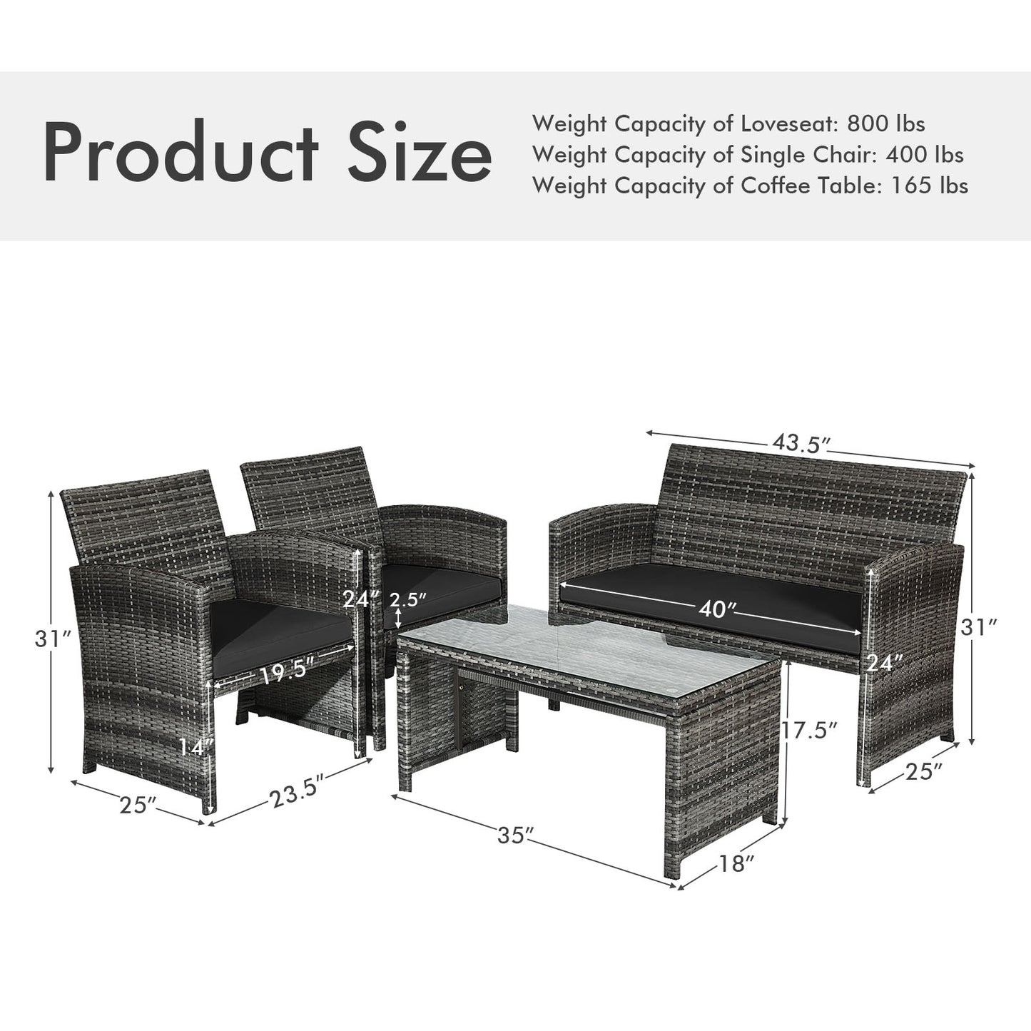 4 Pieces Patio Rattan Furniture Set with Glass Table and Loveseat-Black (Fully Assembled)