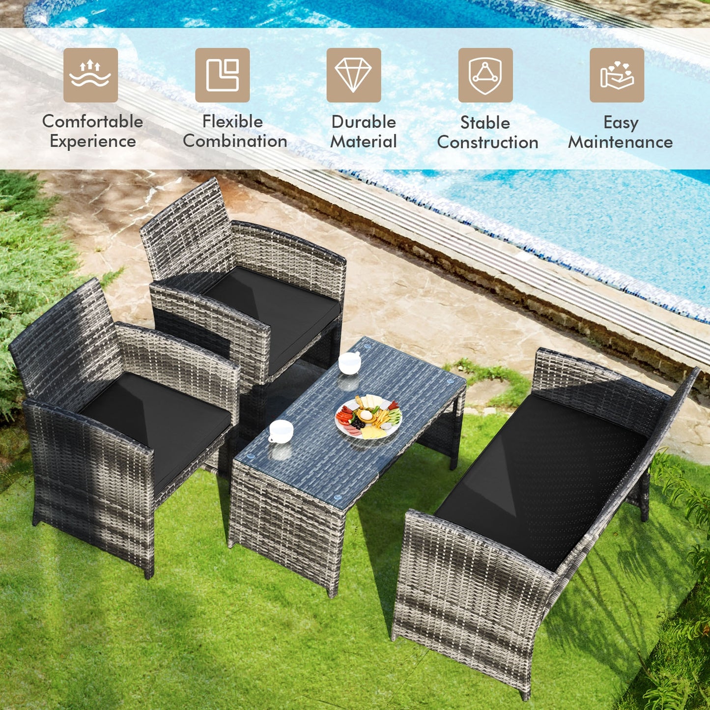 4 Pieces Patio Rattan Furniture Set with Glass Table and Loveseat-Black (Fully Assembled)