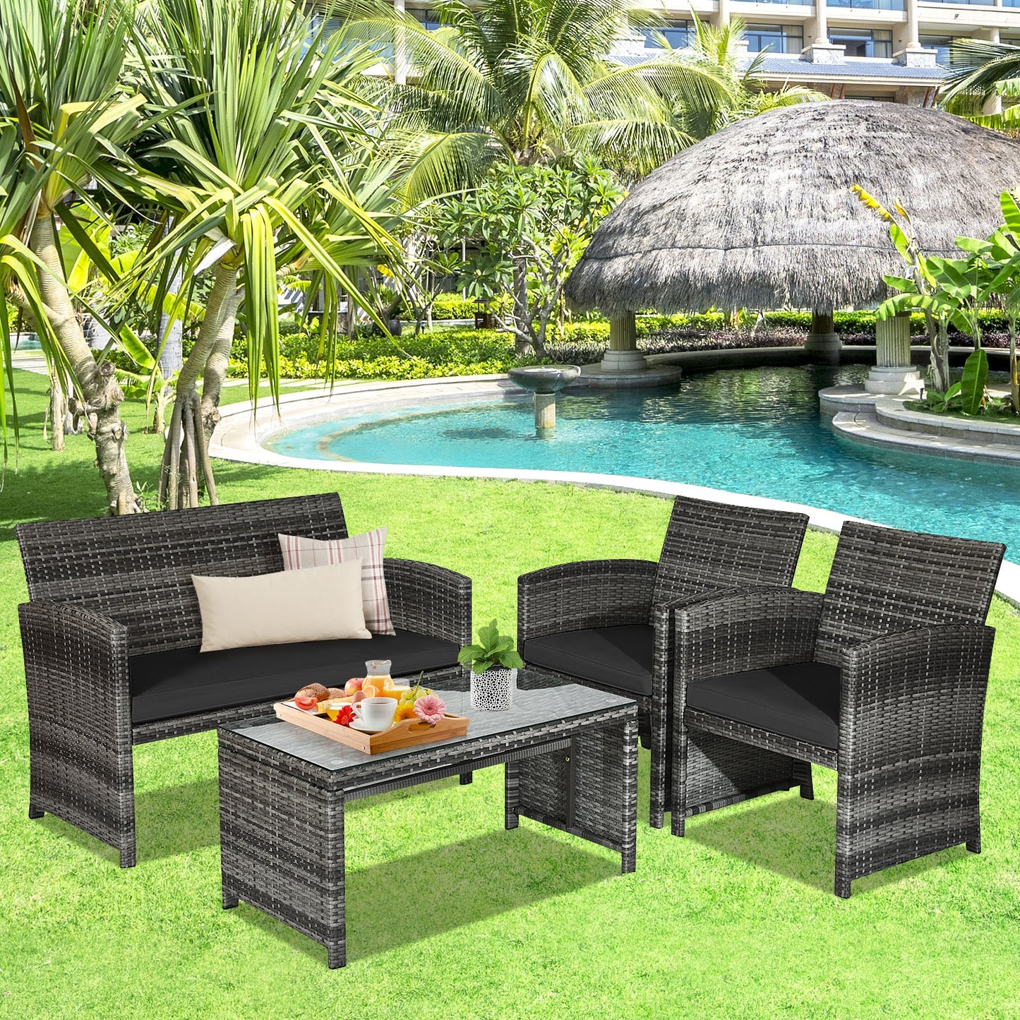 4 Pieces Patio Rattan Furniture Set with Glass Table and Loveseat-Black (Fully Assembled)