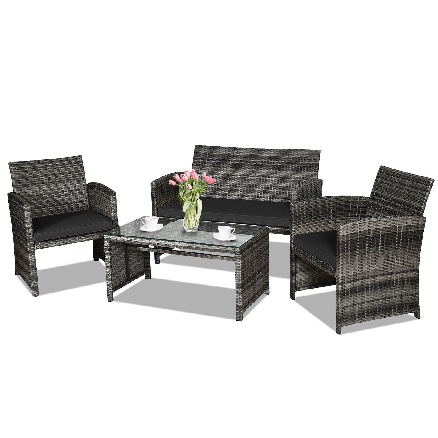 4 Pieces Patio Rattan Furniture Set with Glass Table and Loveseat-Black (Fully Assembled)
