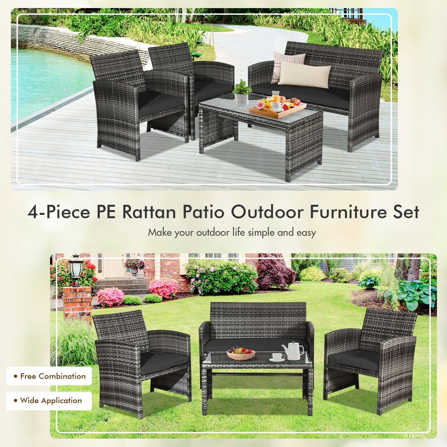 4 Pieces Patio Rattan Furniture Set with Glass Table and Loveseat-Black (Fully Assembled)