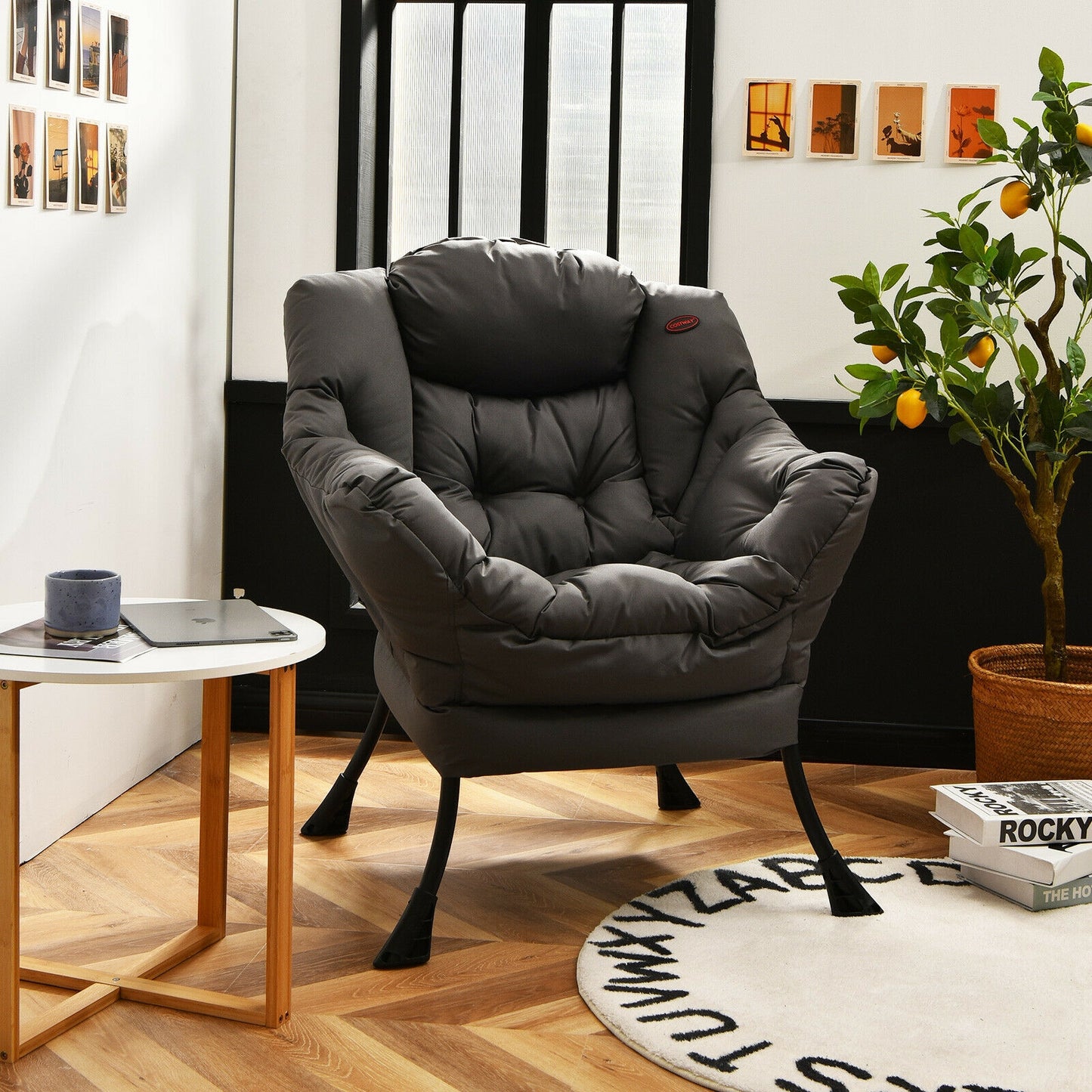 Modern Polyester Fabric Lazy Chair with Steel Frame and Side Pocket-Gray