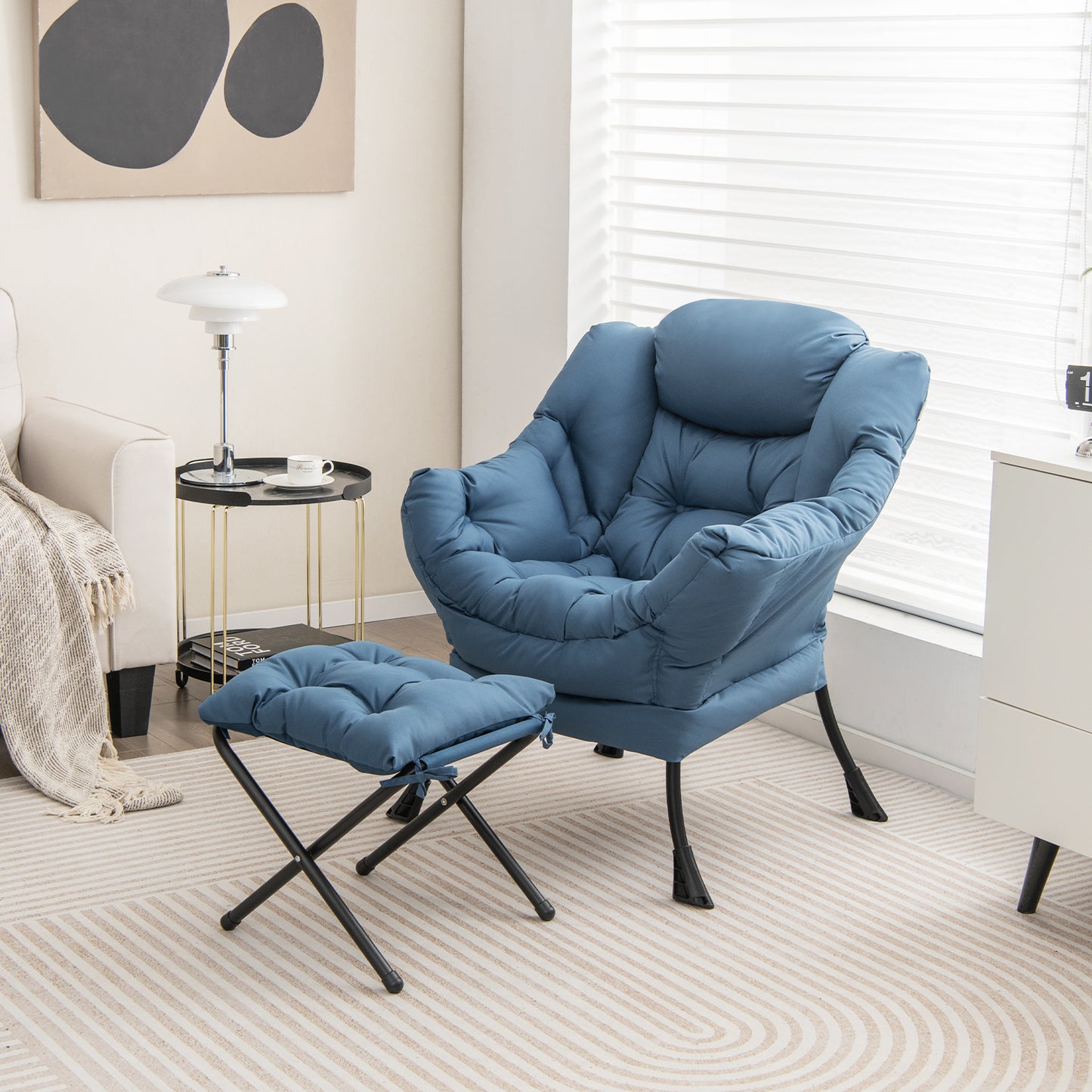 Modern Accent Sofa Chair with Folding Footrest and Side Pocket-Navy