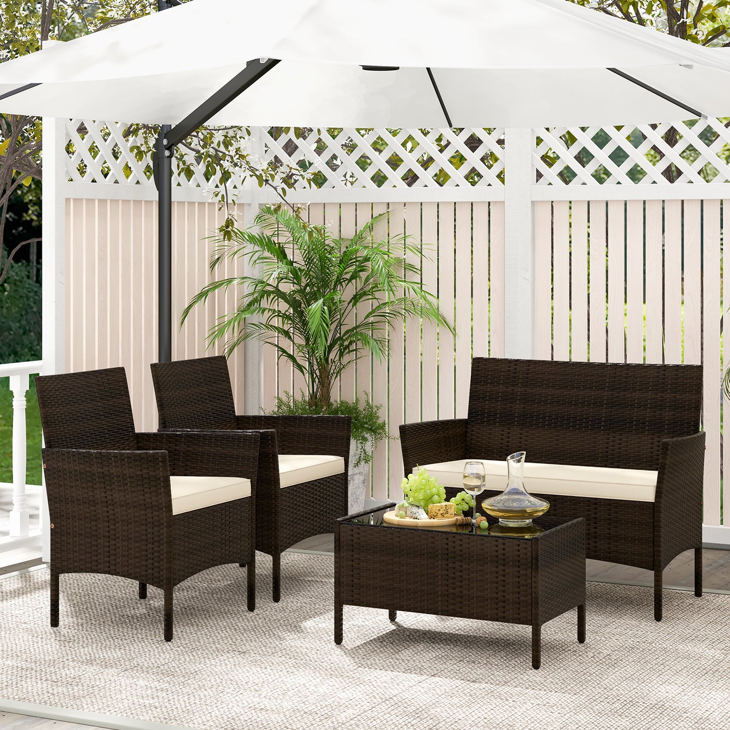 4 Piece Patio Rattan Conversation Set with Cozy Seat Cushions-Beige (Fully Assembled)