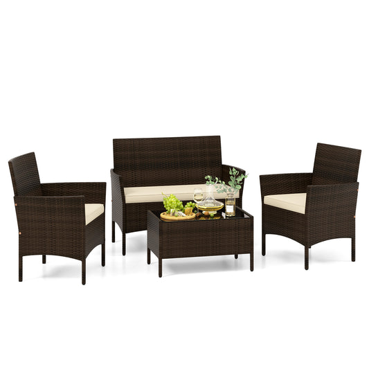 4 Piece Patio Rattan Conversation Set with Cozy Seat Cushions-Beige (Fully Assembled)