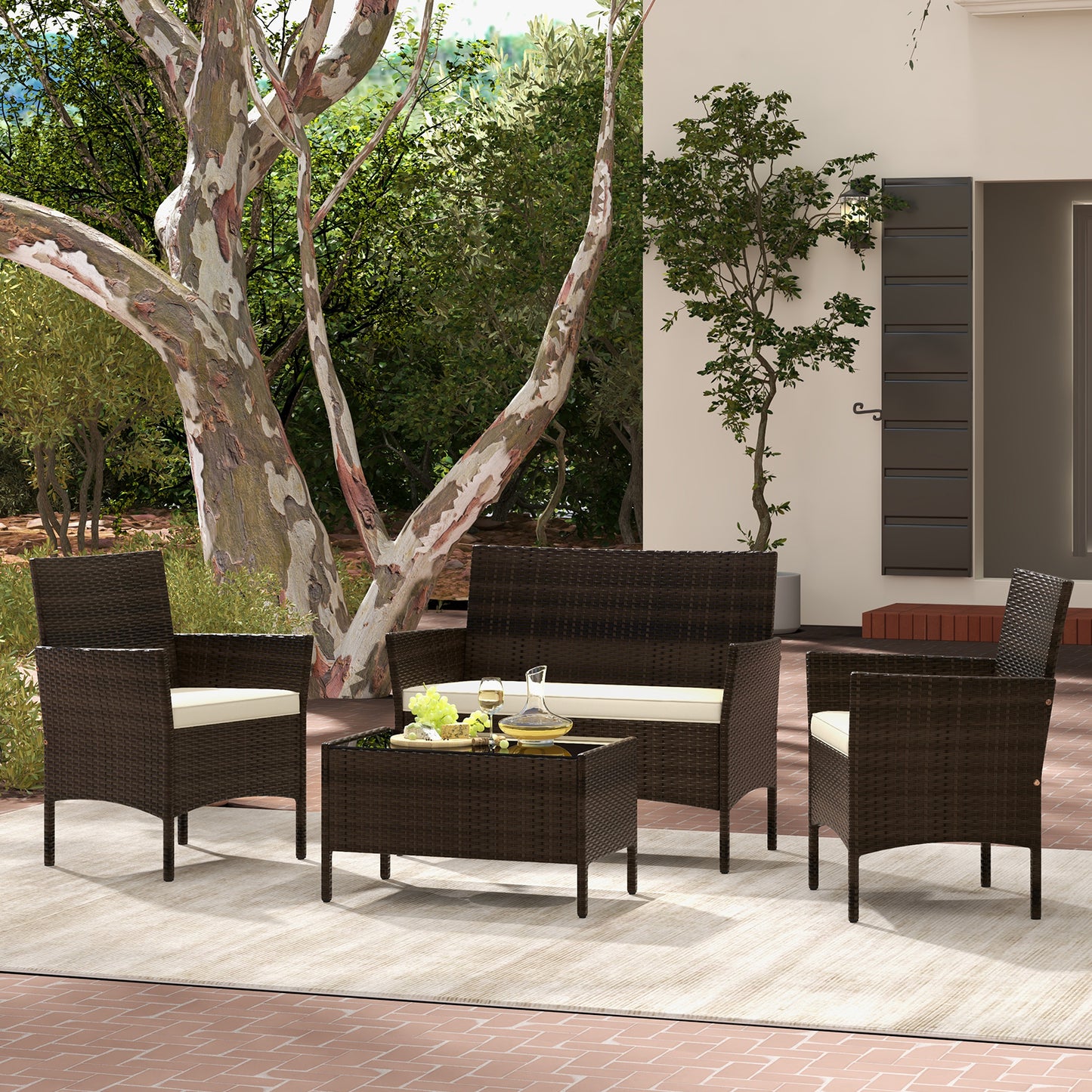4 Piece Patio Rattan Conversation Set with Cozy Seat Cushions-Beige (Fully Assembled)
