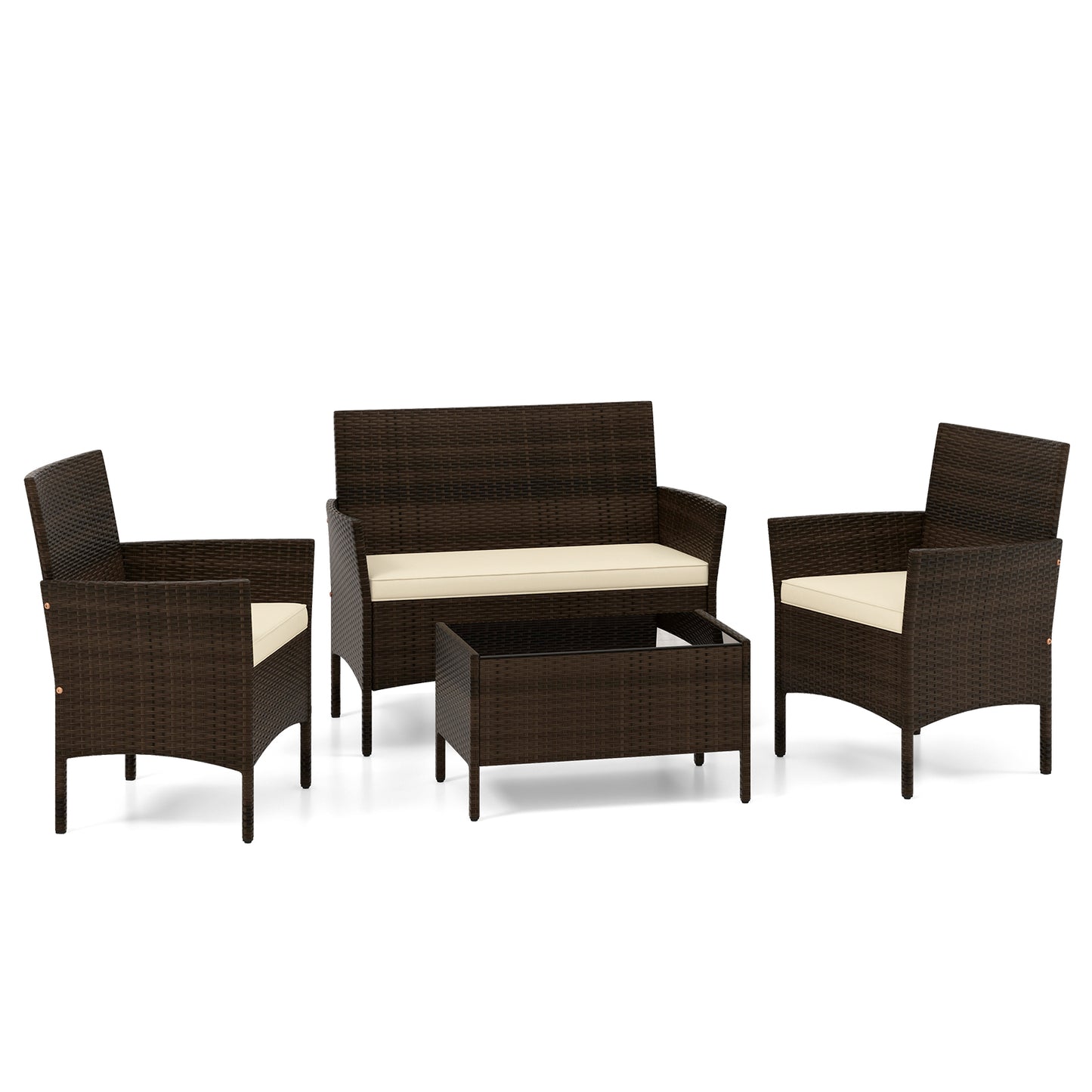 4 Piece Patio Rattan Conversation Set with Cozy Seat Cushions-Beige (Fully Assembled)