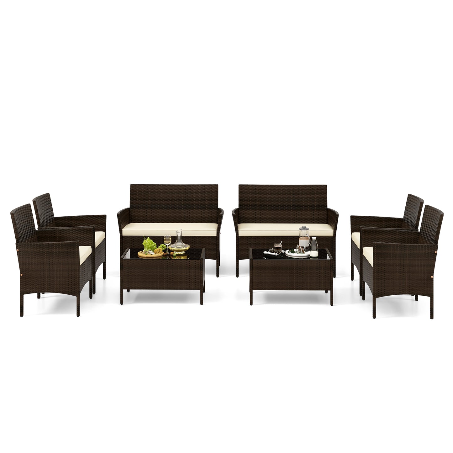 4 Piece Patio Rattan Conversation Set with Cozy Seat Cushions-Beige (Fully Assembled)