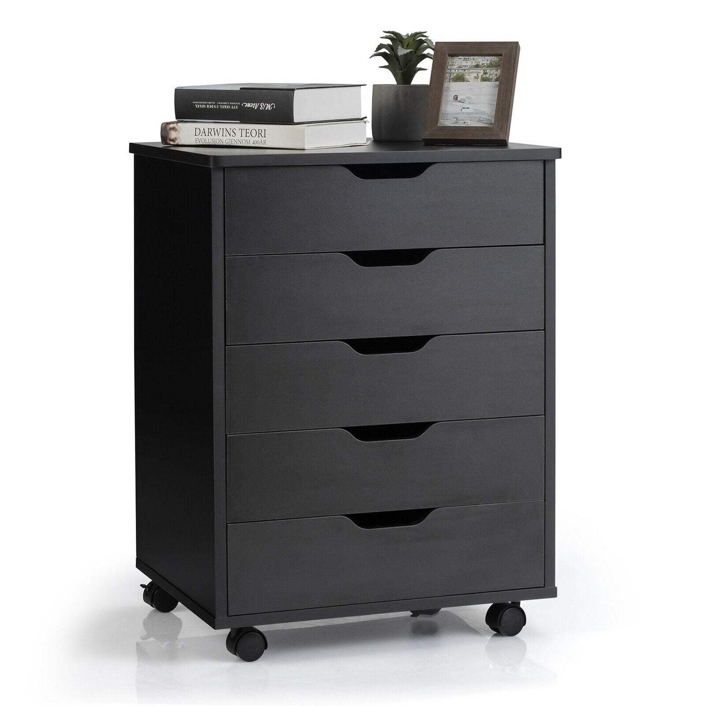26`` tall 5 Drawer Mobile Lateral Filing Storage Home Office Floor Cabinet with Wheels-Black, Assembled