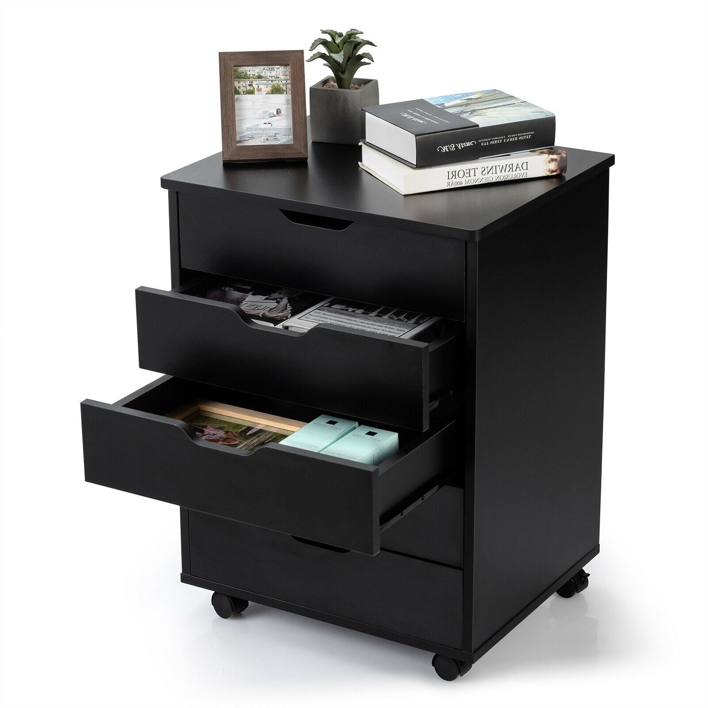 26`` tall 5 Drawer Mobile Lateral Filing Storage Home Office Floor Cabinet with Wheels-Black, Assembled