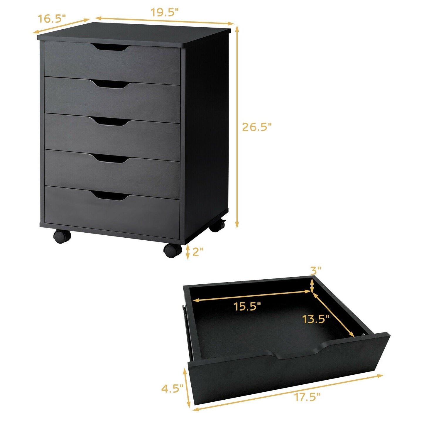 26`` tall 5 Drawer Mobile Lateral Filing Storage Home Office Floor Cabinet with Wheels-Black, Assembled