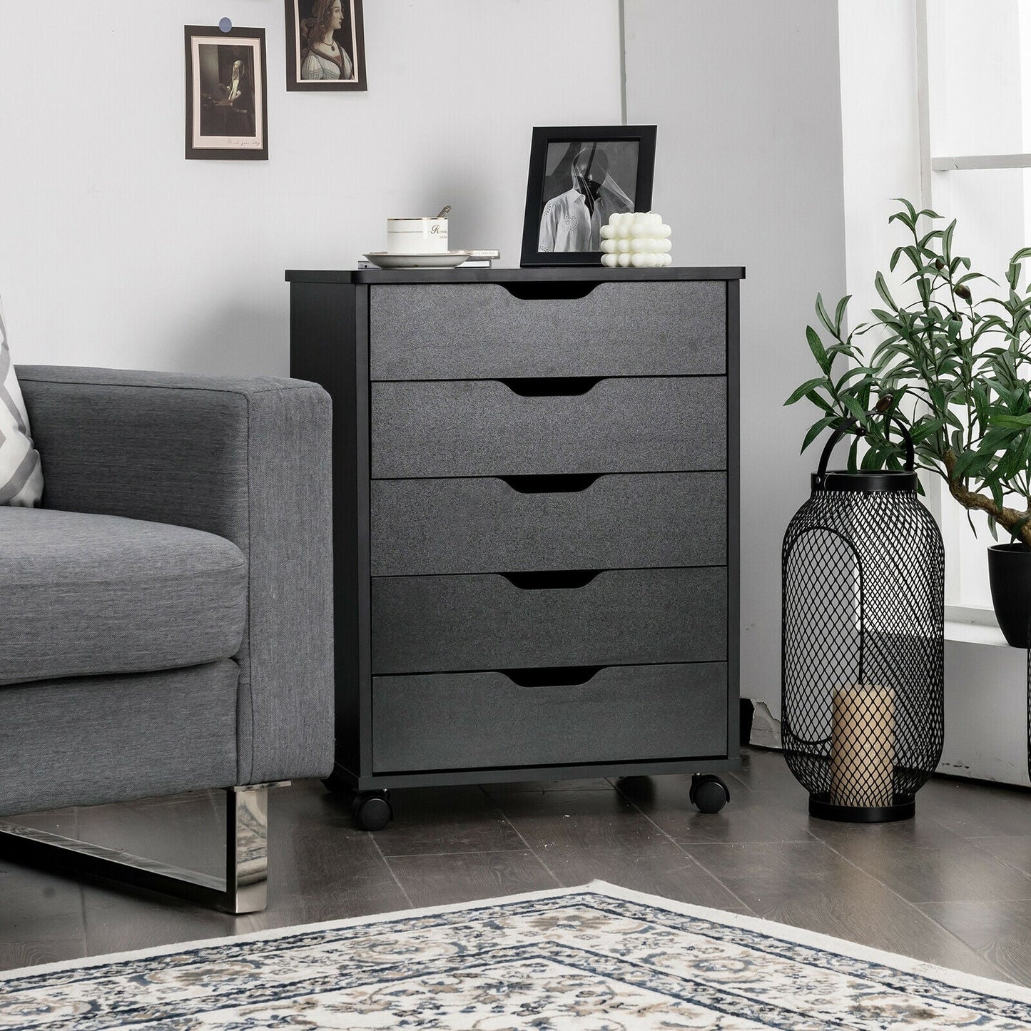 26`` tall 5 Drawer Mobile Lateral Filing Storage Home Office Floor Cabinet with Wheels-Black, Assembled