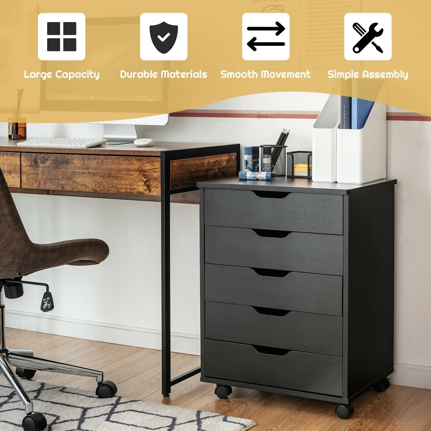 26`` tall 5 Drawer Mobile Lateral Filing Storage Home Office Floor Cabinet with Wheels-Black, Assembled