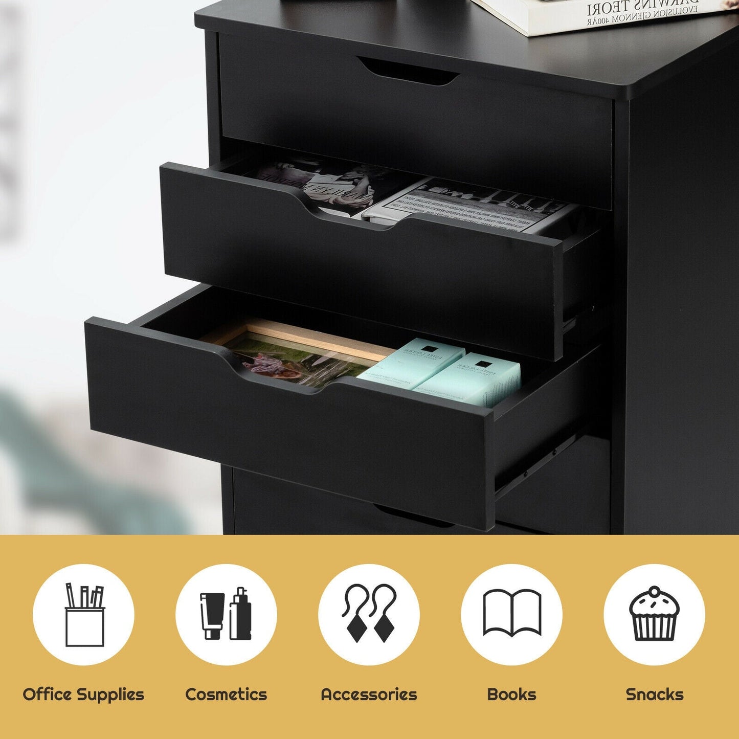 26`` tall 5 Drawer Mobile Lateral Filing Storage Home Office Floor Cabinet with Wheels-Black, Assembled