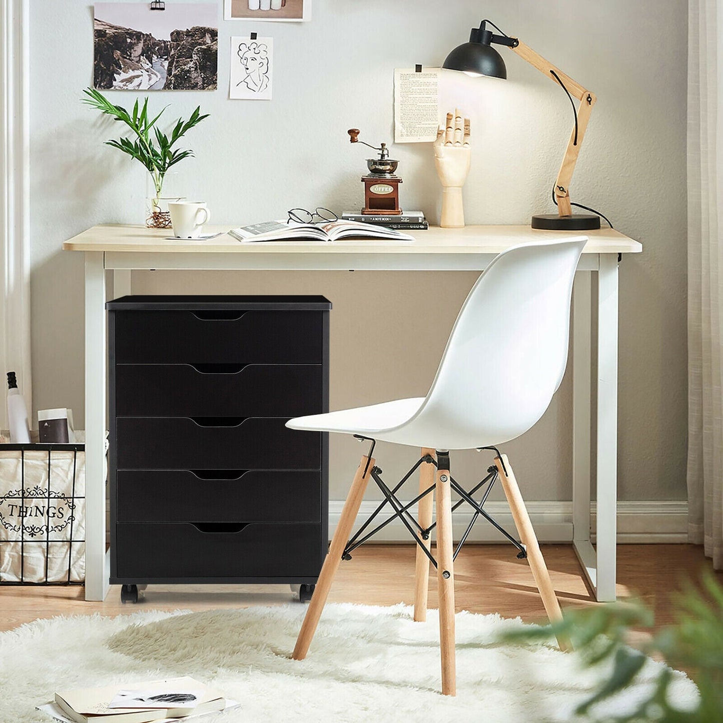 26`` tall 5 Drawer Mobile Lateral Filing Storage Home Office Floor Cabinet with Wheels-Black, Assembled