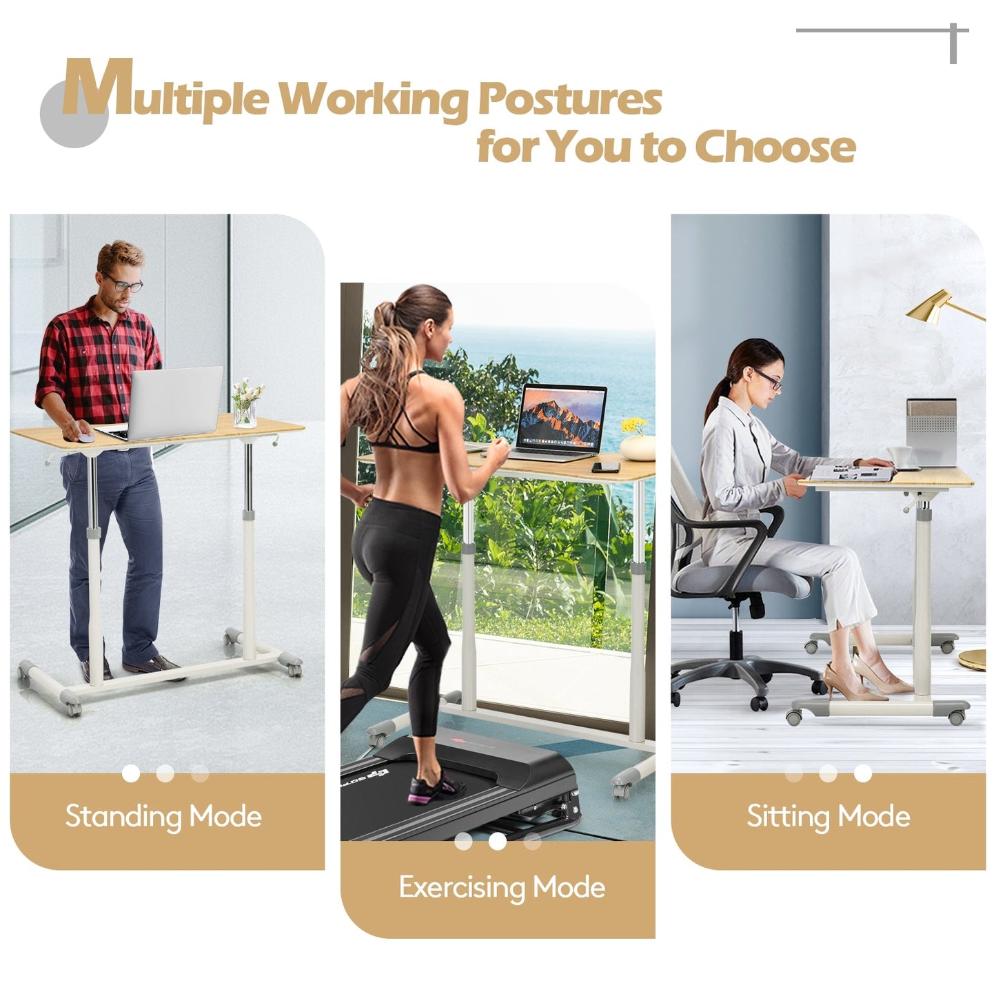 Height Adjustable Computer Desk Sit to Stand Rolling Notebook Table -Natural, Fully Assembled