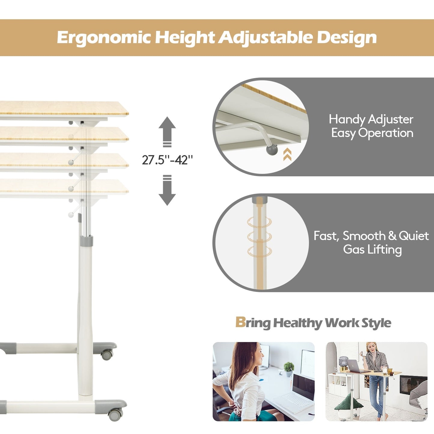 Height Adjustable Computer Desk Sit to Stand Rolling Notebook Table -Natural, Fully Assembled