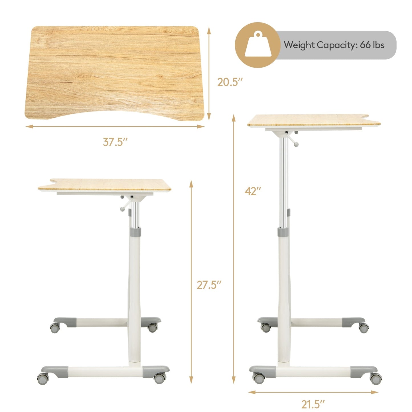 Height Adjustable Computer Desk Sit to Stand Rolling Notebook Table -Natural, Fully Assembled