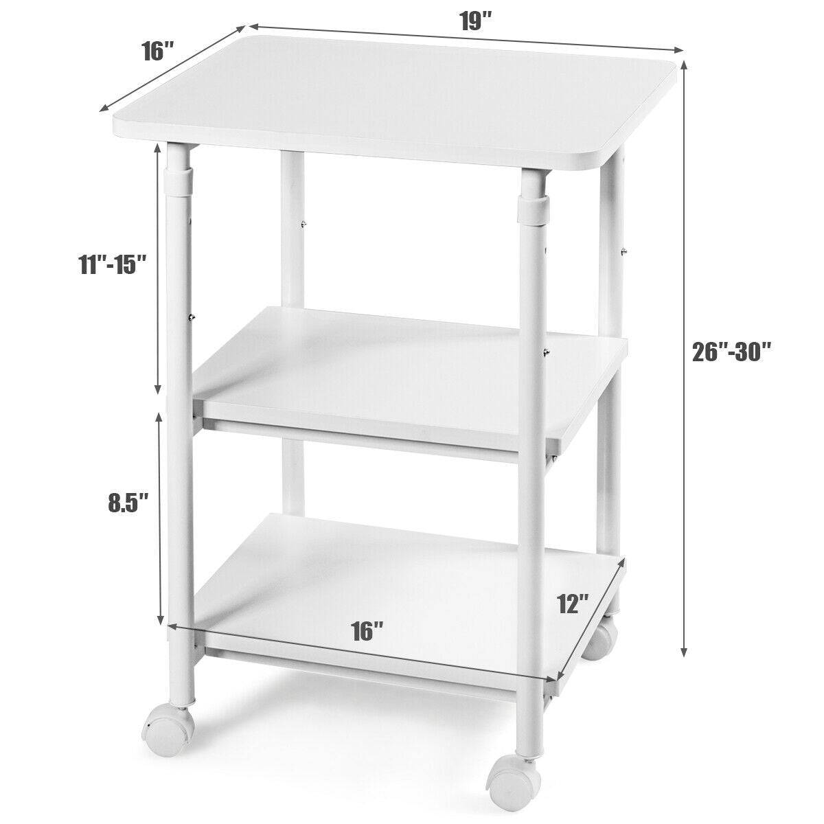 3-tier Adjustable Printer Stand with 360° Swivel Casters-White, Fully Assembled