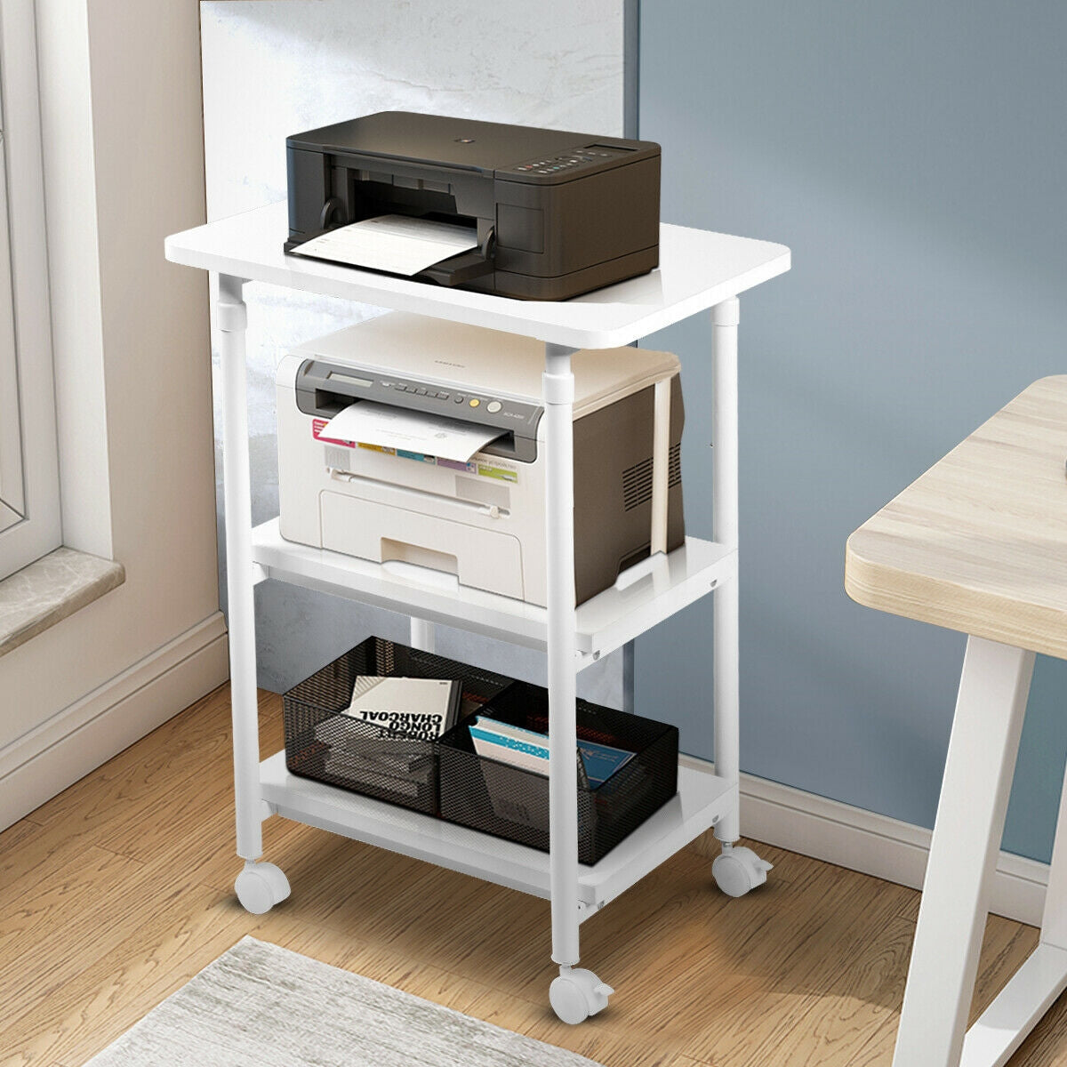 3-tier Adjustable Printer Stand with 360° Swivel Casters-White, Fully Assembled
