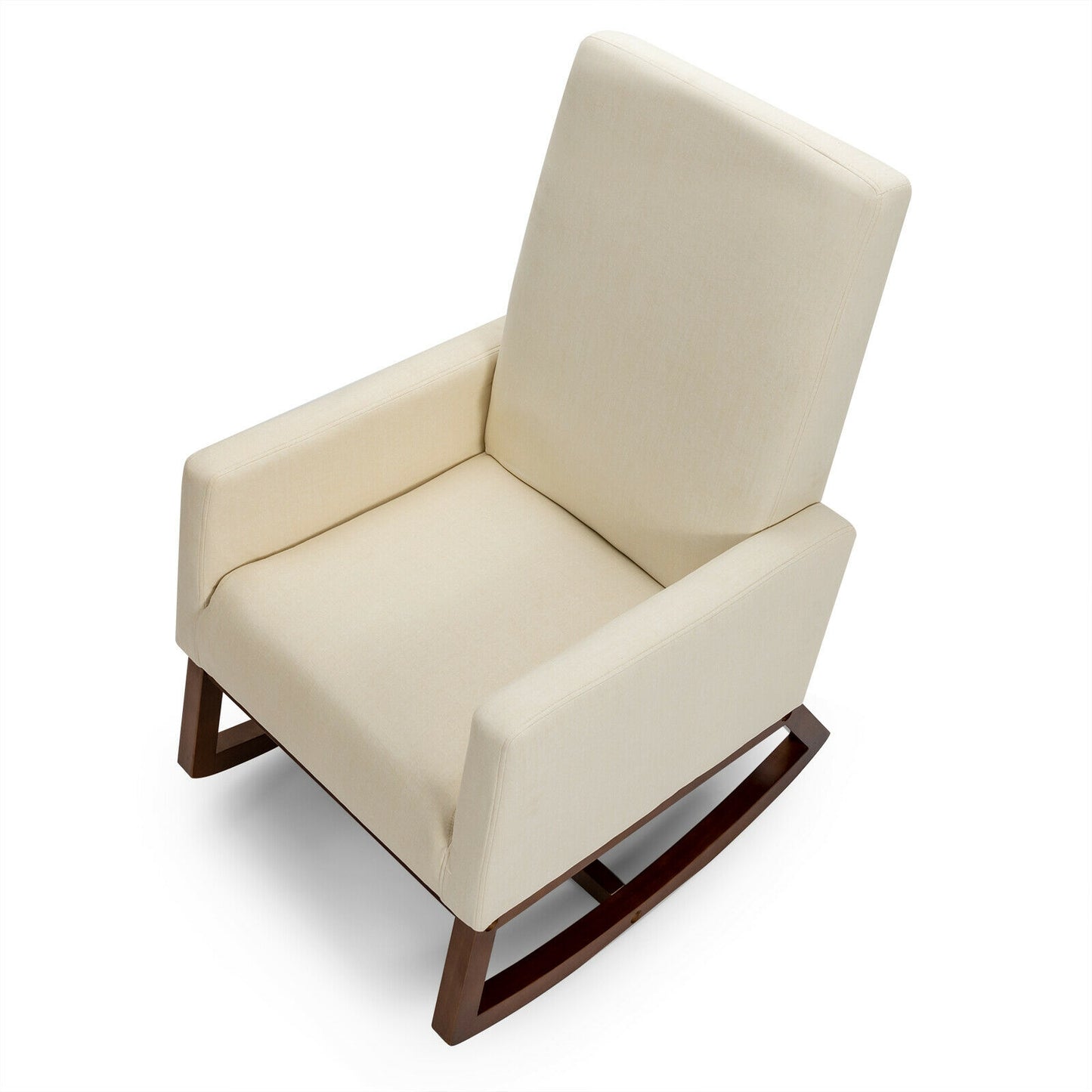 Rocking High Back Upholstered Lounge Armchair with Side Pocket- Light Beige Linen
