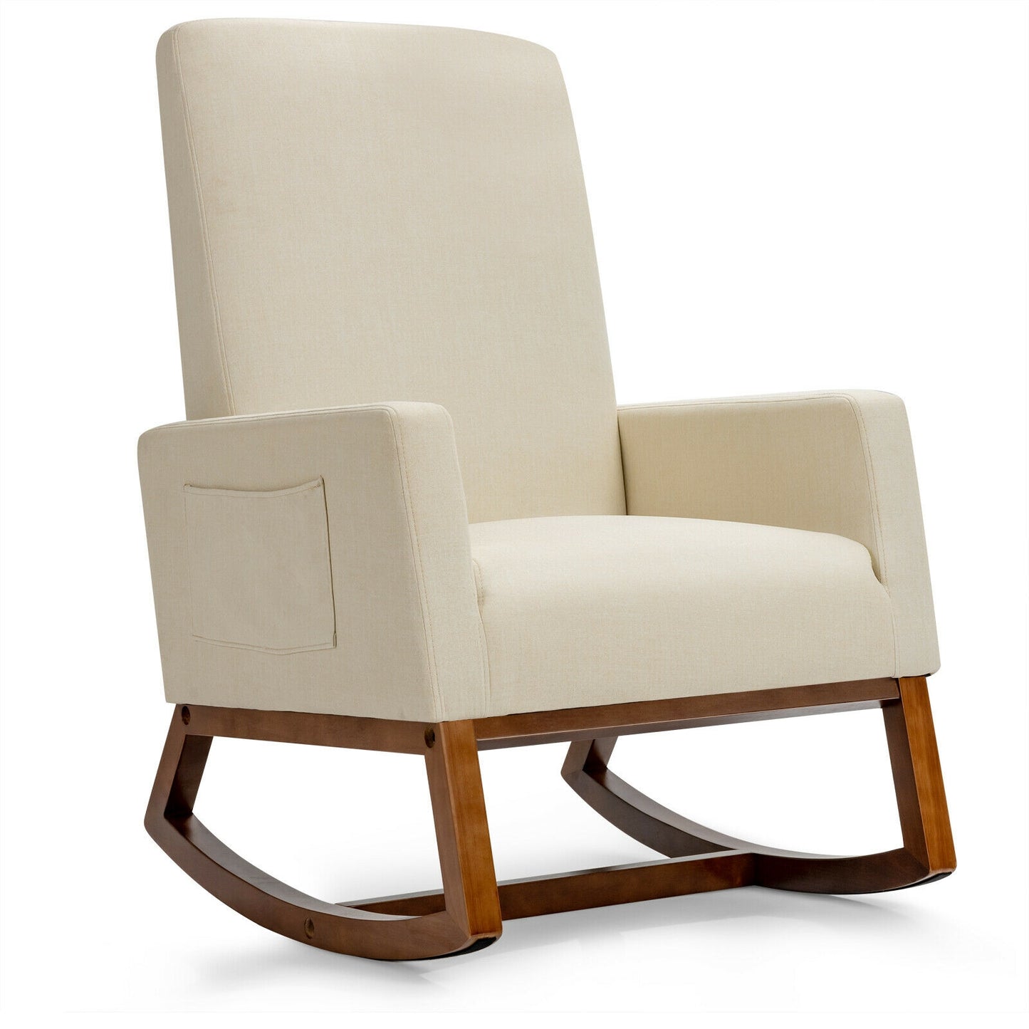 Rocking High Back Upholstered Lounge Armchair with Side Pocket- Light Beige Linen