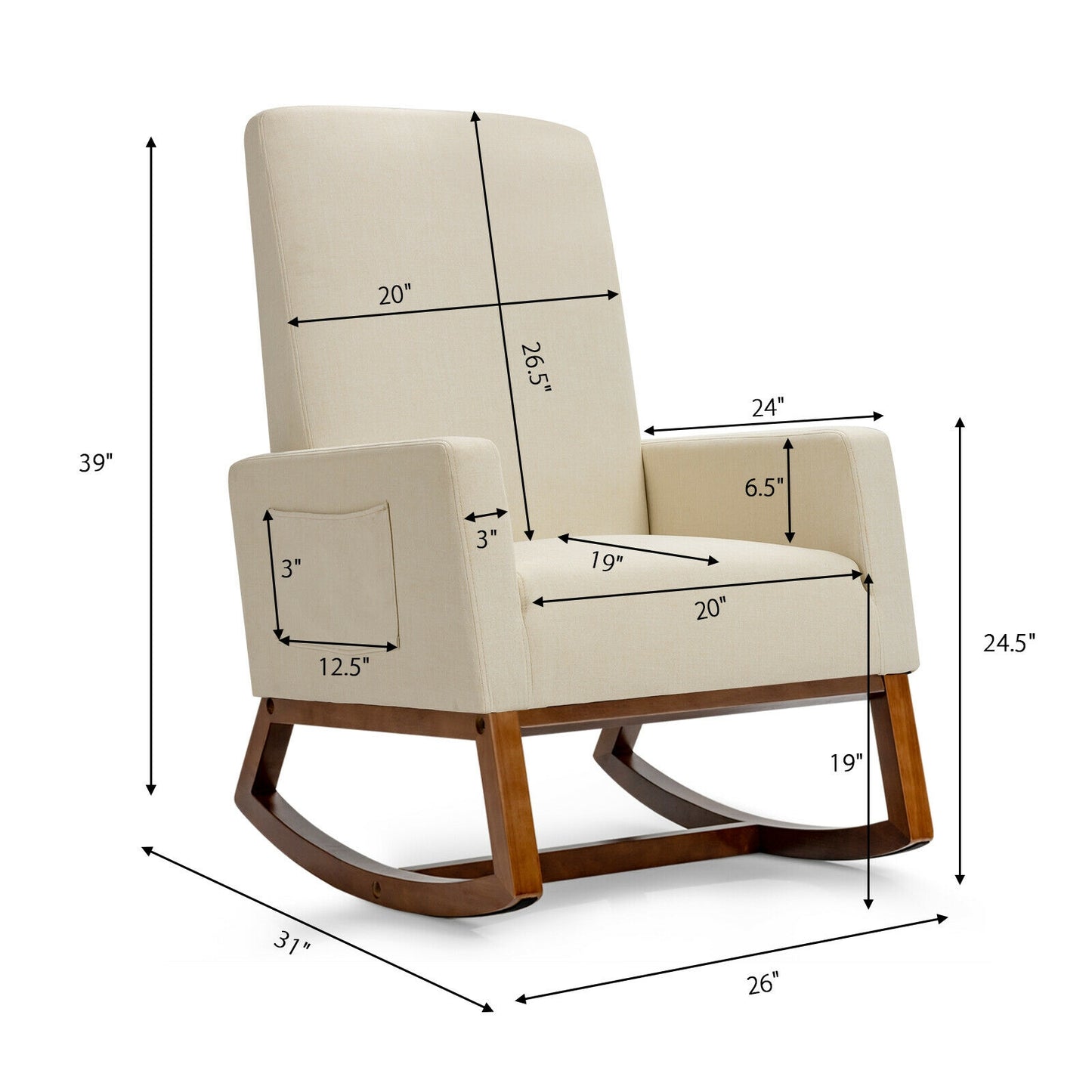 Rocking High Back Upholstered Lounge Armchair with Side Pocket- Light Beige Linen