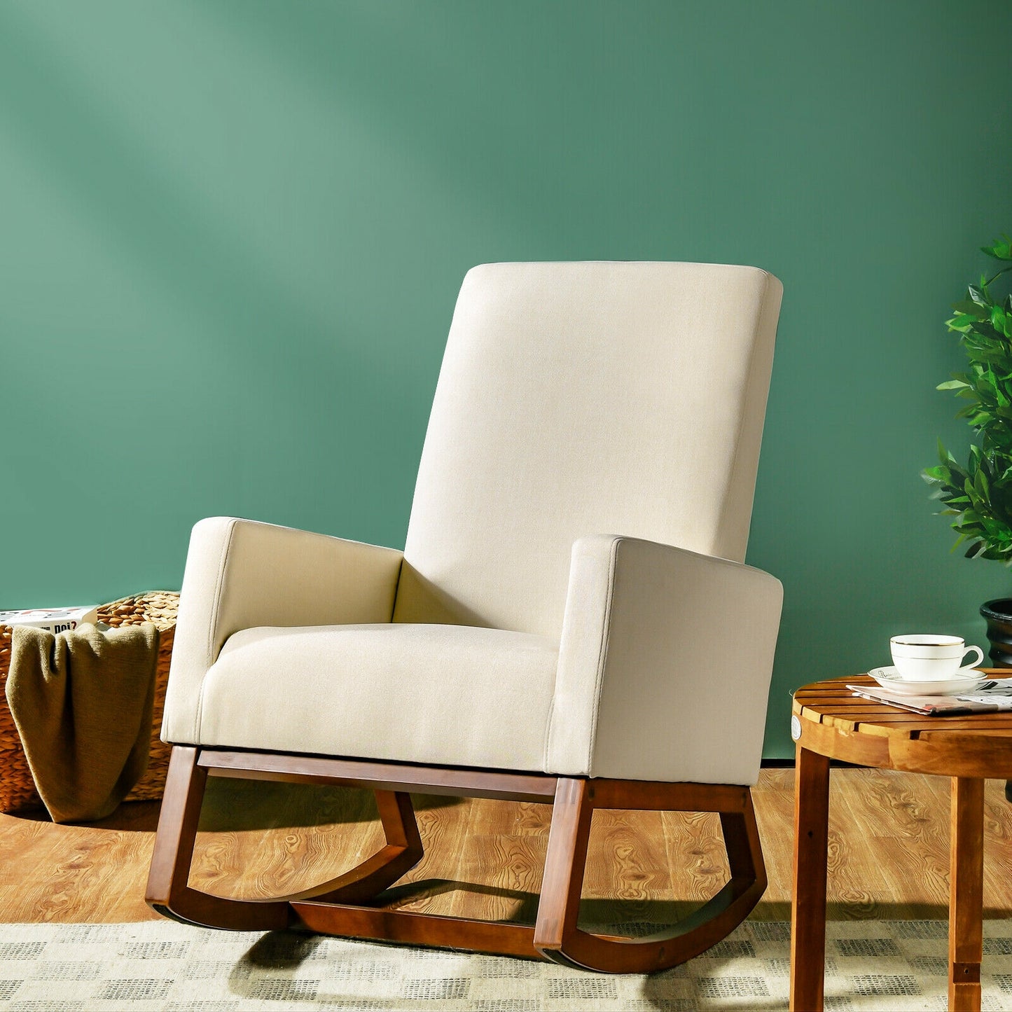 Rocking High Back Upholstered Lounge Armchair with Side Pocket- Light Beige Linen
