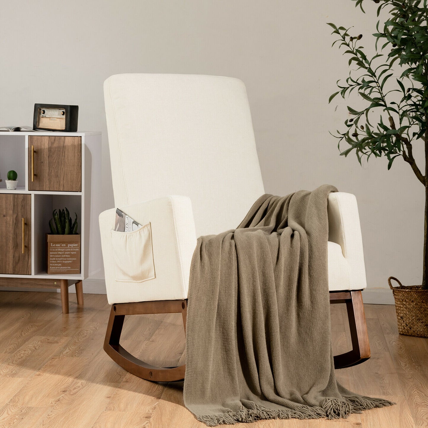 Rocking High Back Upholstered Lounge Armchair with Side Pocket- Light Beige Linen