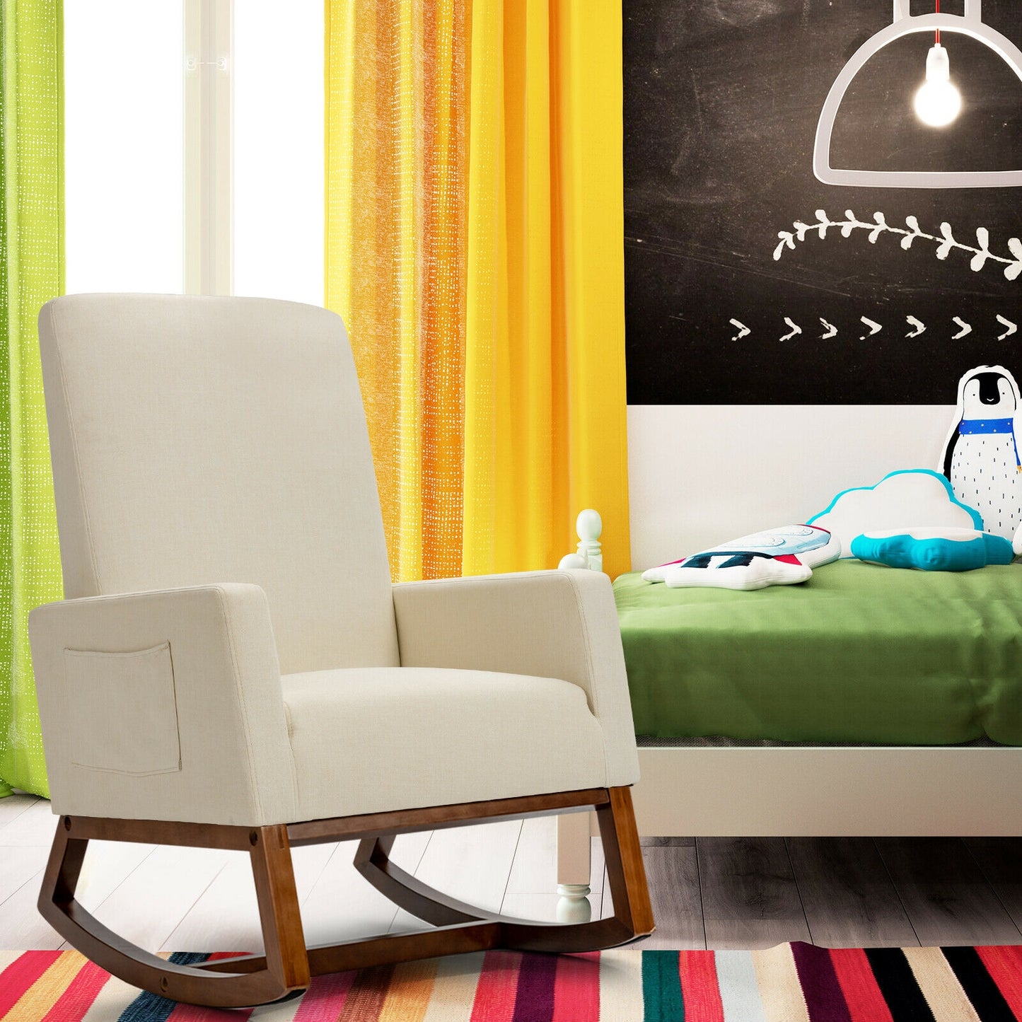 Rocking High Back Upholstered Lounge Armchair with Side Pocket- Light Beige Linen