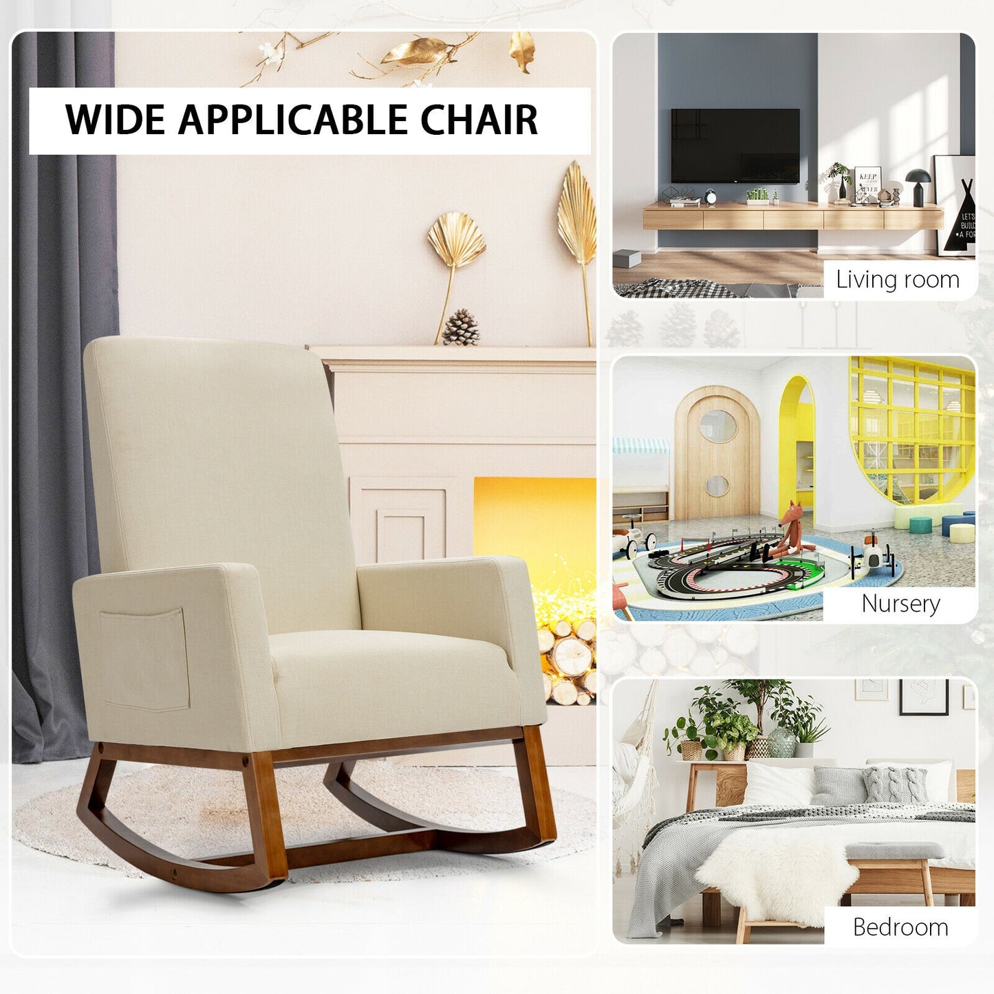 Rocking High Back Upholstered Lounge Armchair with Side Pocket- Light Beige Linen