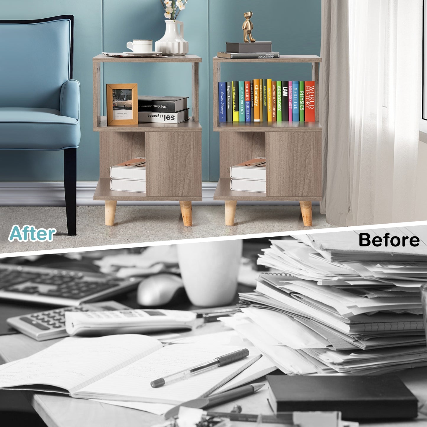2 Pcs Wooden Modern Nightstand Set with Solid Wood Legs for Living Room (Fully Assembled)