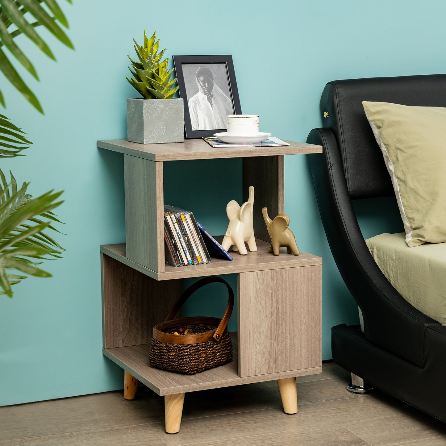 2 Pcs Wooden Modern Nightstand Set with Solid Wood Legs for Living Room (Fully Assembled)