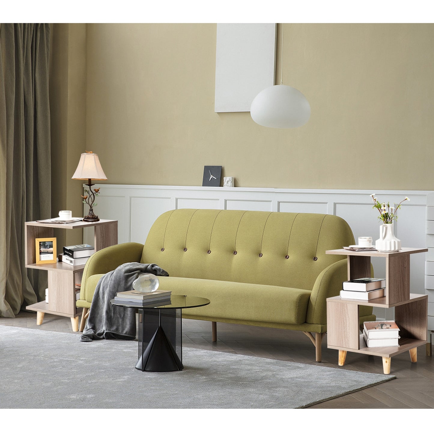 2 Pcs Wooden Modern Nightstand Set with Solid Wood Legs for Living Room (Fully Assembled)