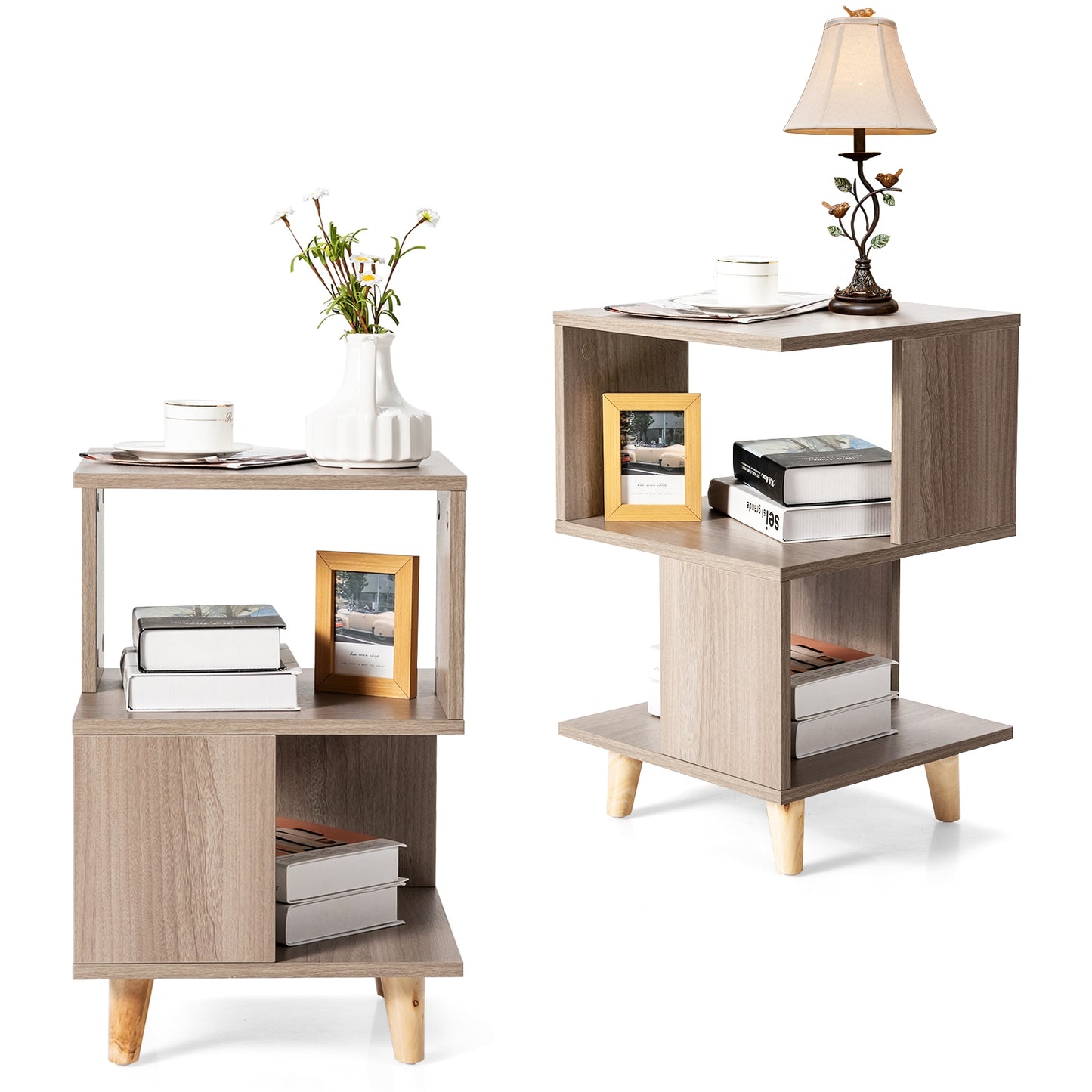 2 Pcs Wooden Modern Nightstand Set with Solid Wood Legs for Living Room (Fully Assembled)