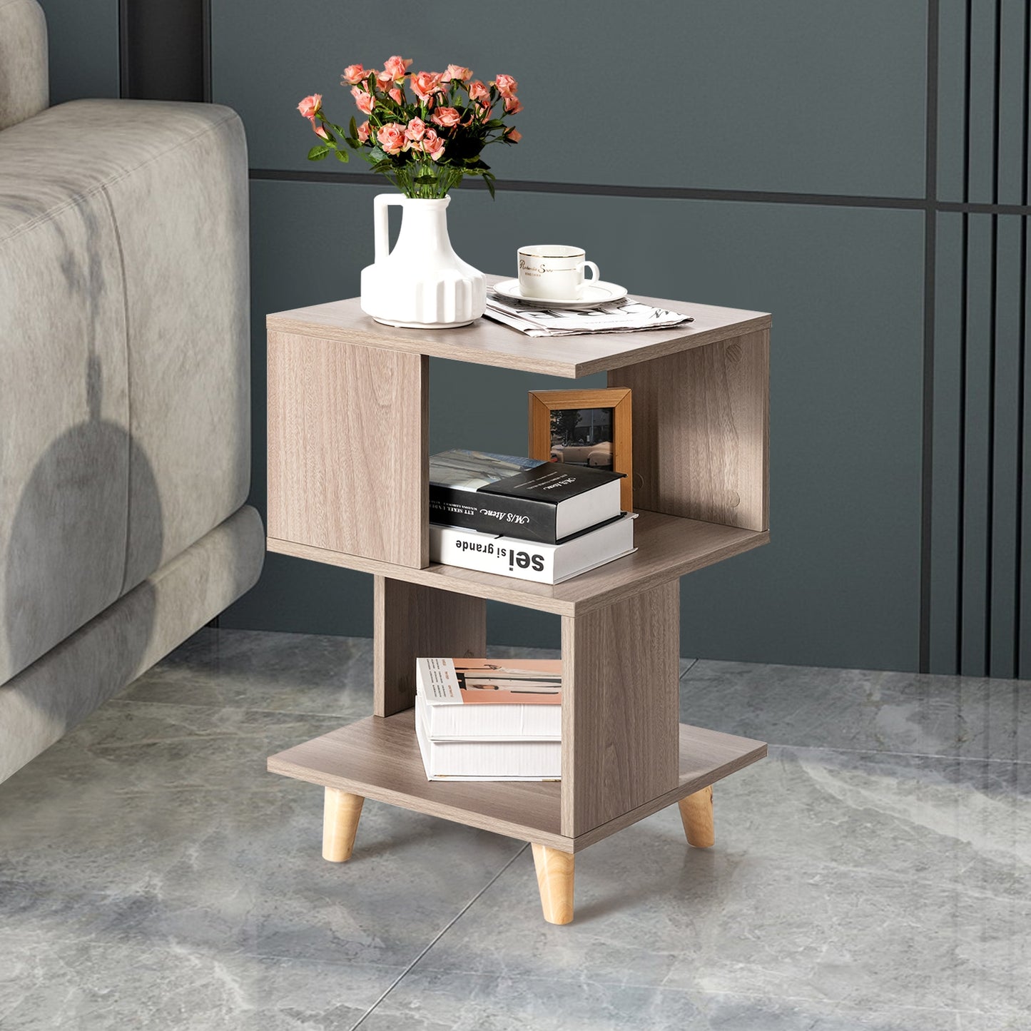 2 Pcs Wooden Modern Nightstand Set with Solid Wood Legs for Living Room (Fully Assembled)