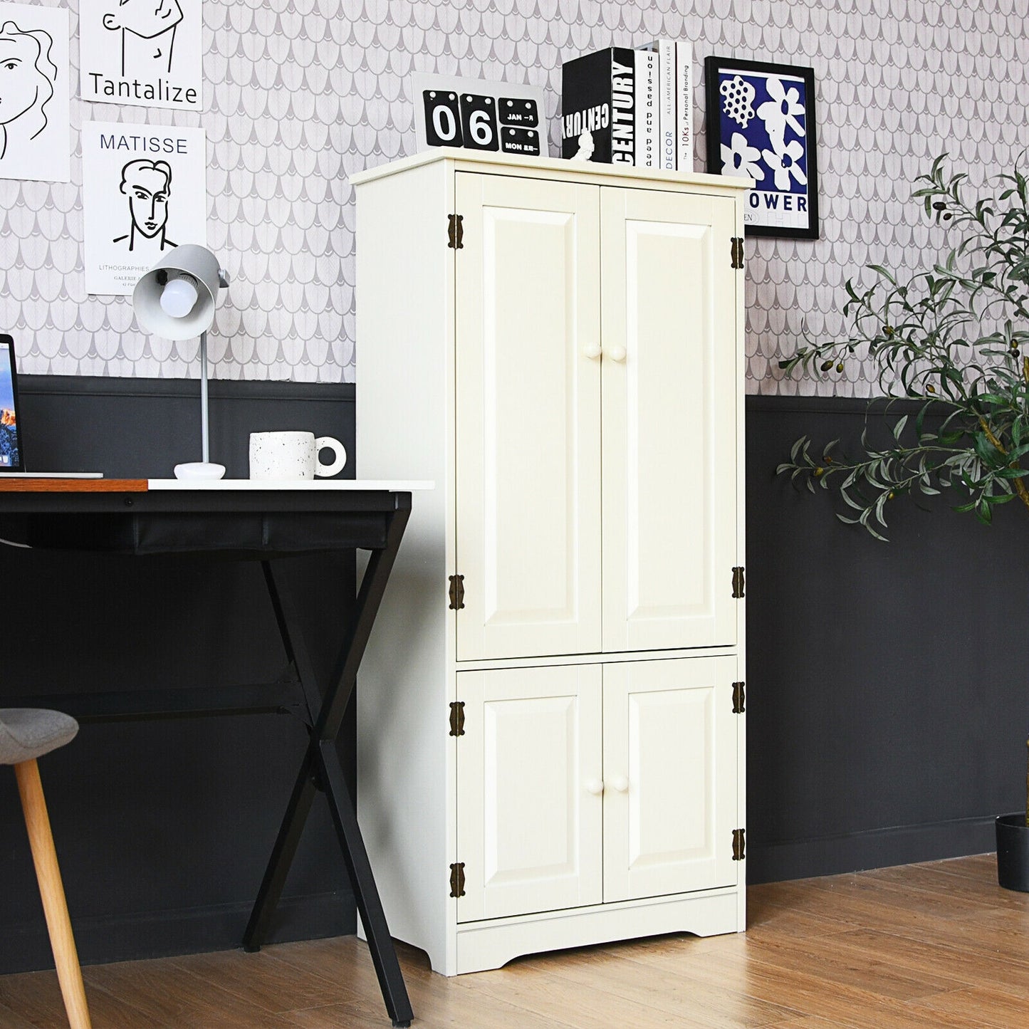 Accent Floor Storage Cabinet with Adjustable Shelves Antique 2-Door -Cream White (Fully Assembled)