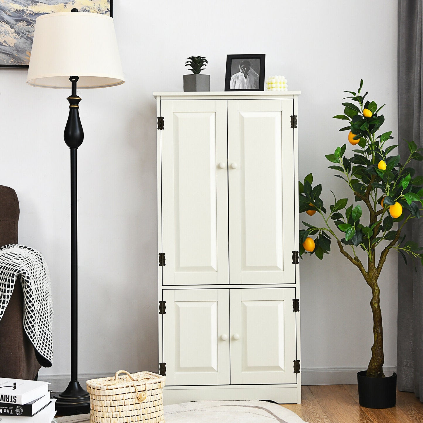 Accent Floor Storage Cabinet with Adjustable Shelves Antique 2-Door -Cream White (Fully Assembled)