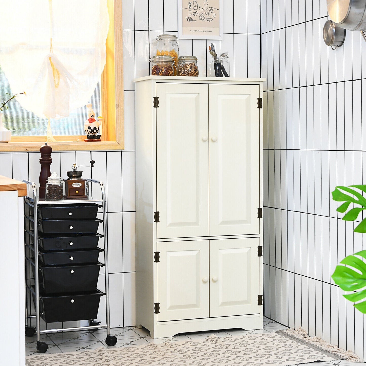 Accent Floor Storage Cabinet with Adjustable Shelves Antique 2-Door -Cream White (Fully Assembled)
