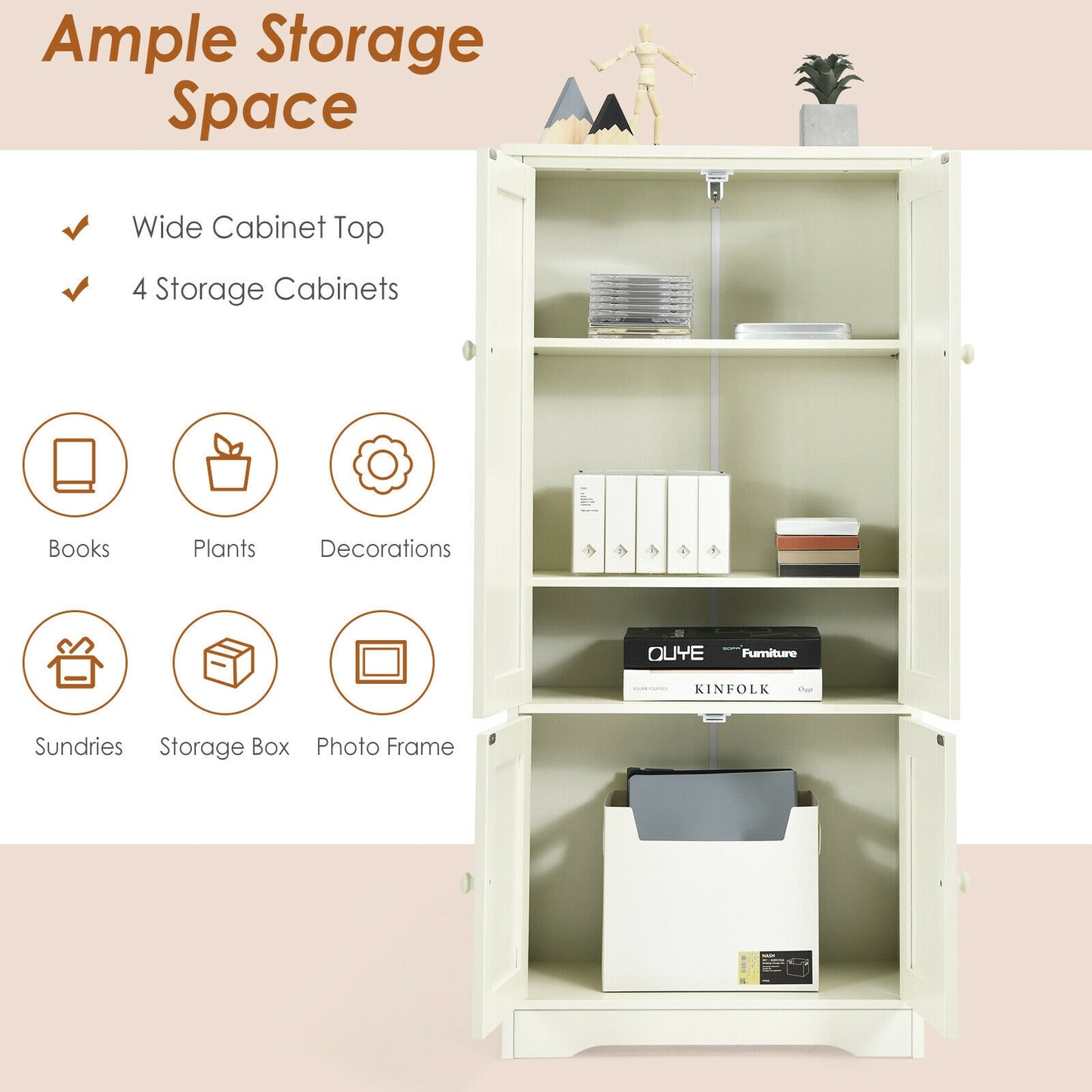 Accent Floor Storage Cabinet with Adjustable Shelves Antique 2-Door -Cream White (Fully Assembled)
